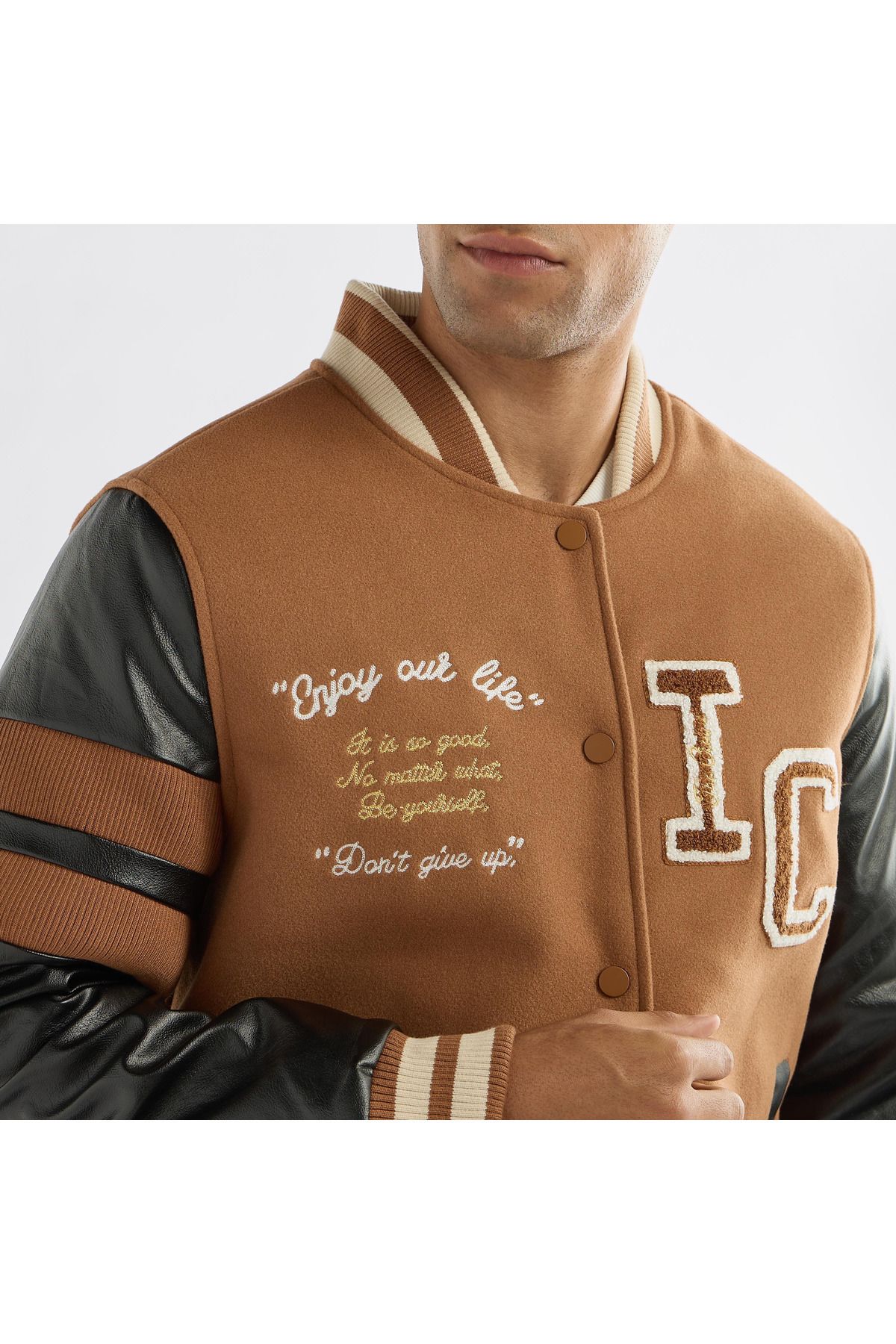 FAV-Slogan Detail Button Through Bomber Jacket With Pockets And Long Sleeves 4