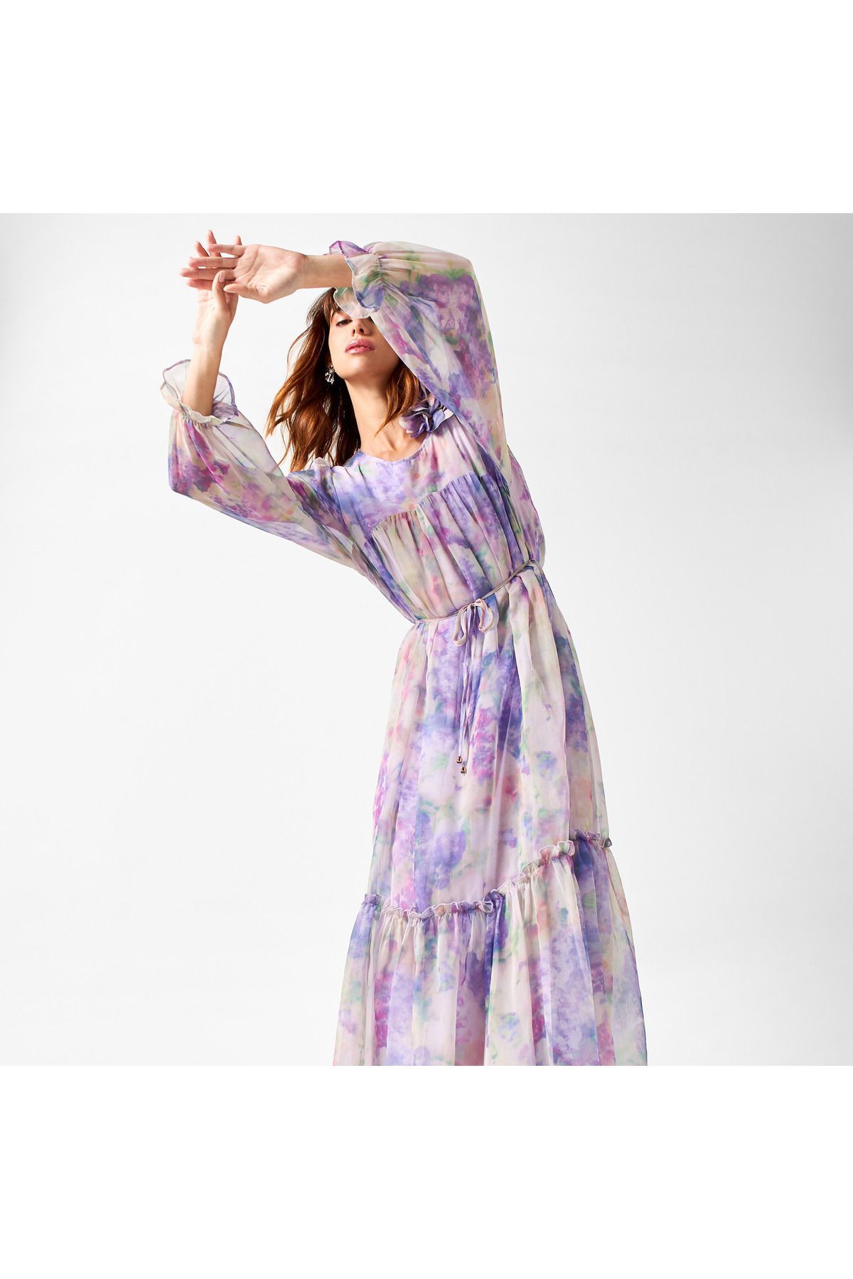2Xtremz-All-over Print Dress With Volume Sleeves And Tie-up Belt 2
