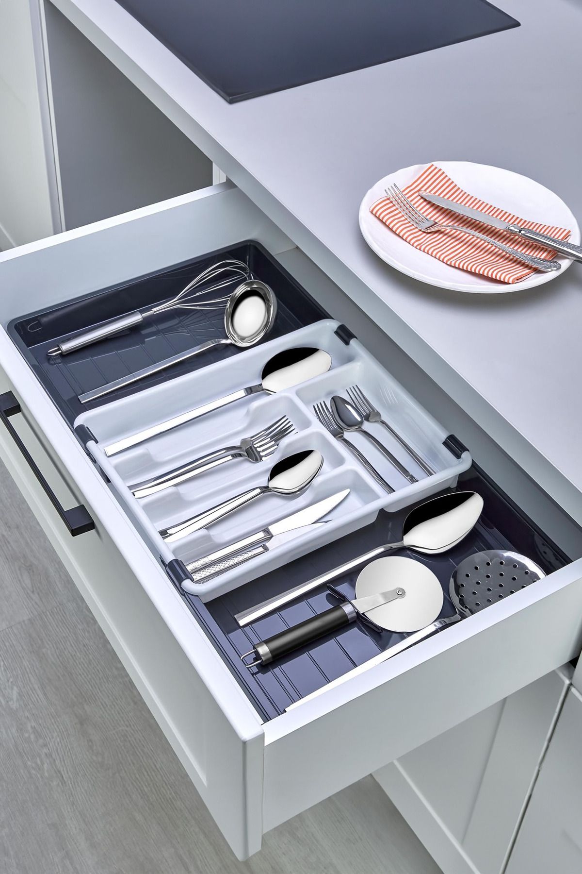 Kitchen Life 3 Bölmeli Çift Taraflı Kayar Kaşıklık Çekmece İçi Kaşıklık Çatal BıçakDüzenleyici - Organizer