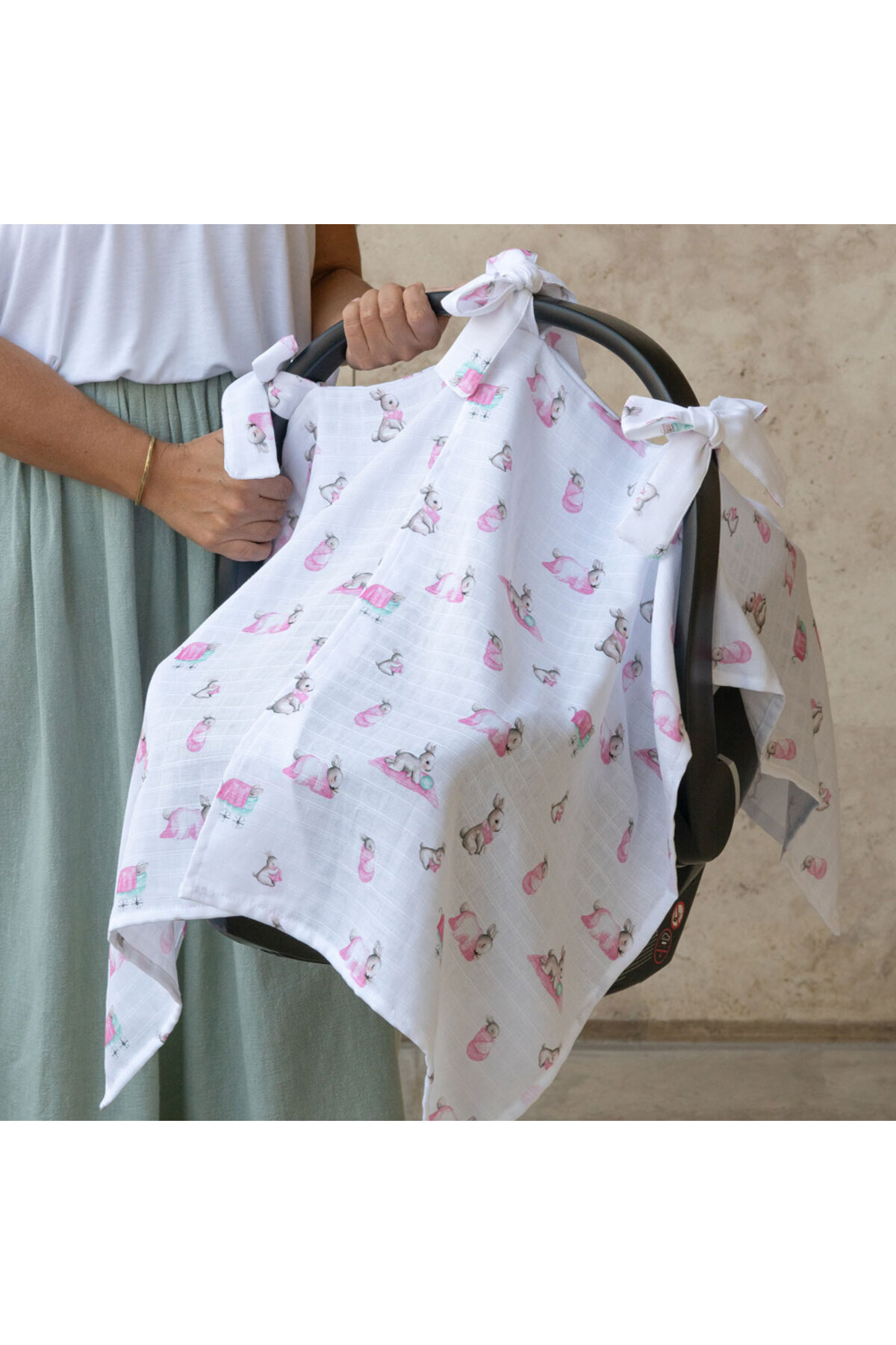 DEUX LAPINS % 100 Pamuk Müslin Puset Örtüsü - Bébé Lapin Rose