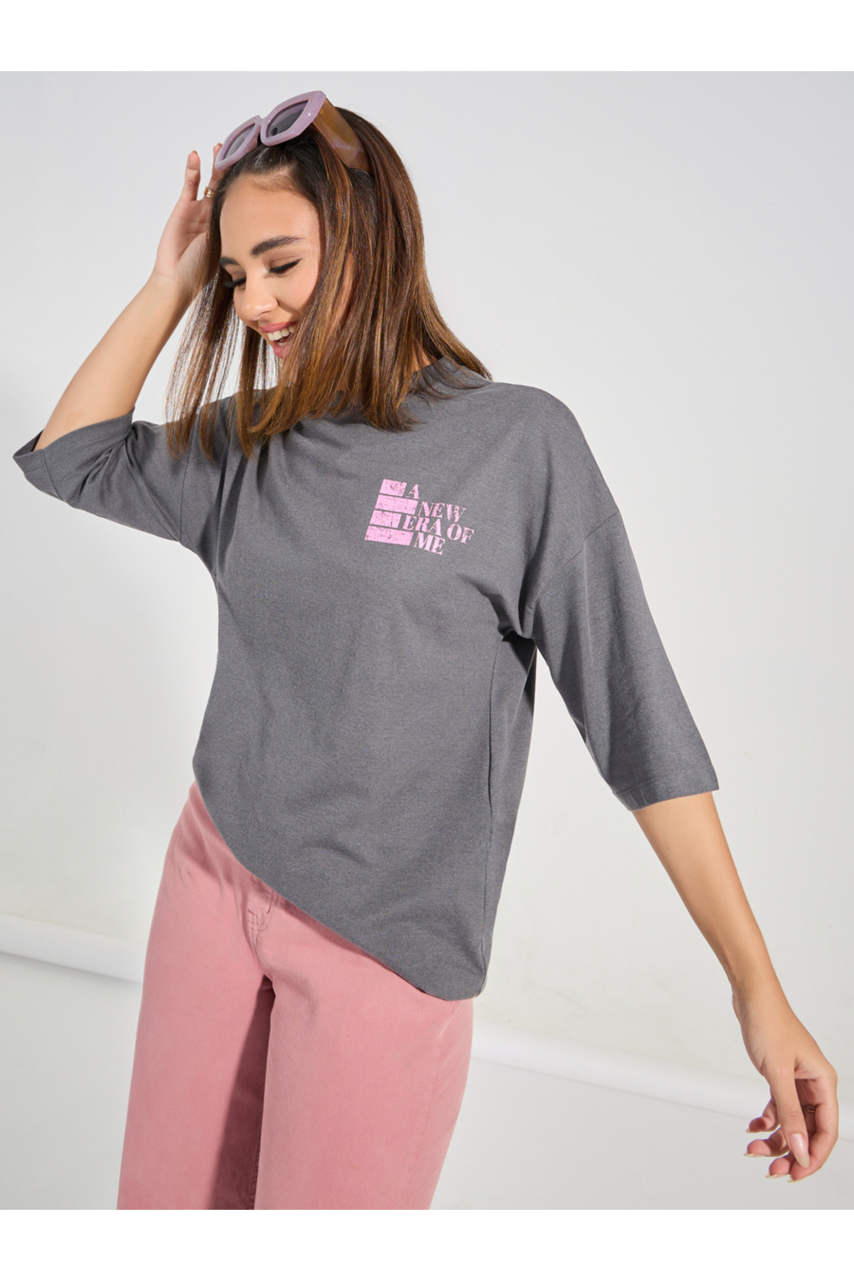 Styli Oversized Distressed Slogan T-Shirt with Dropped Shoulder