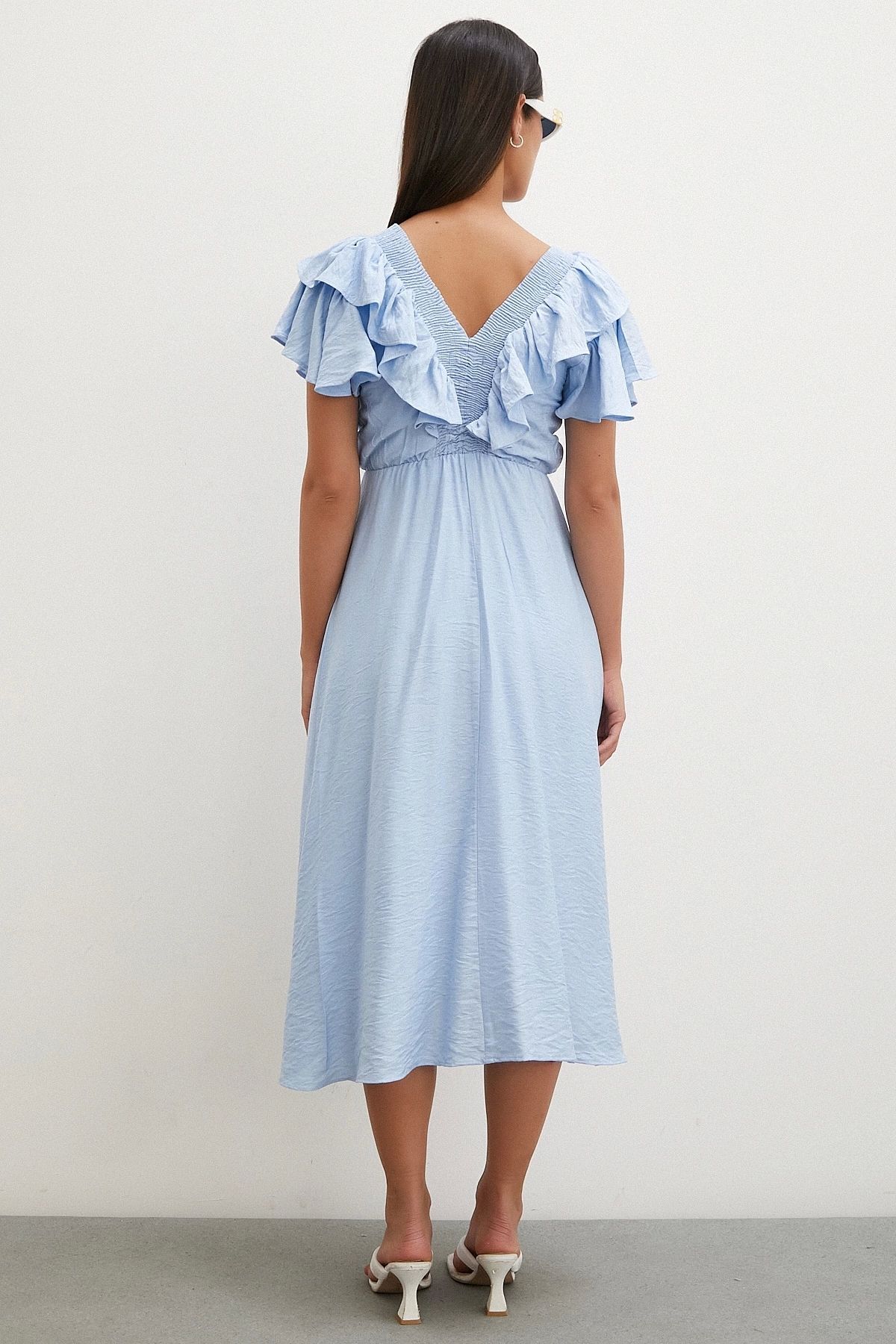 TRENDQUEL-Blue Linen Dress - V-Neck, Ruffle Detail and Elastic 4