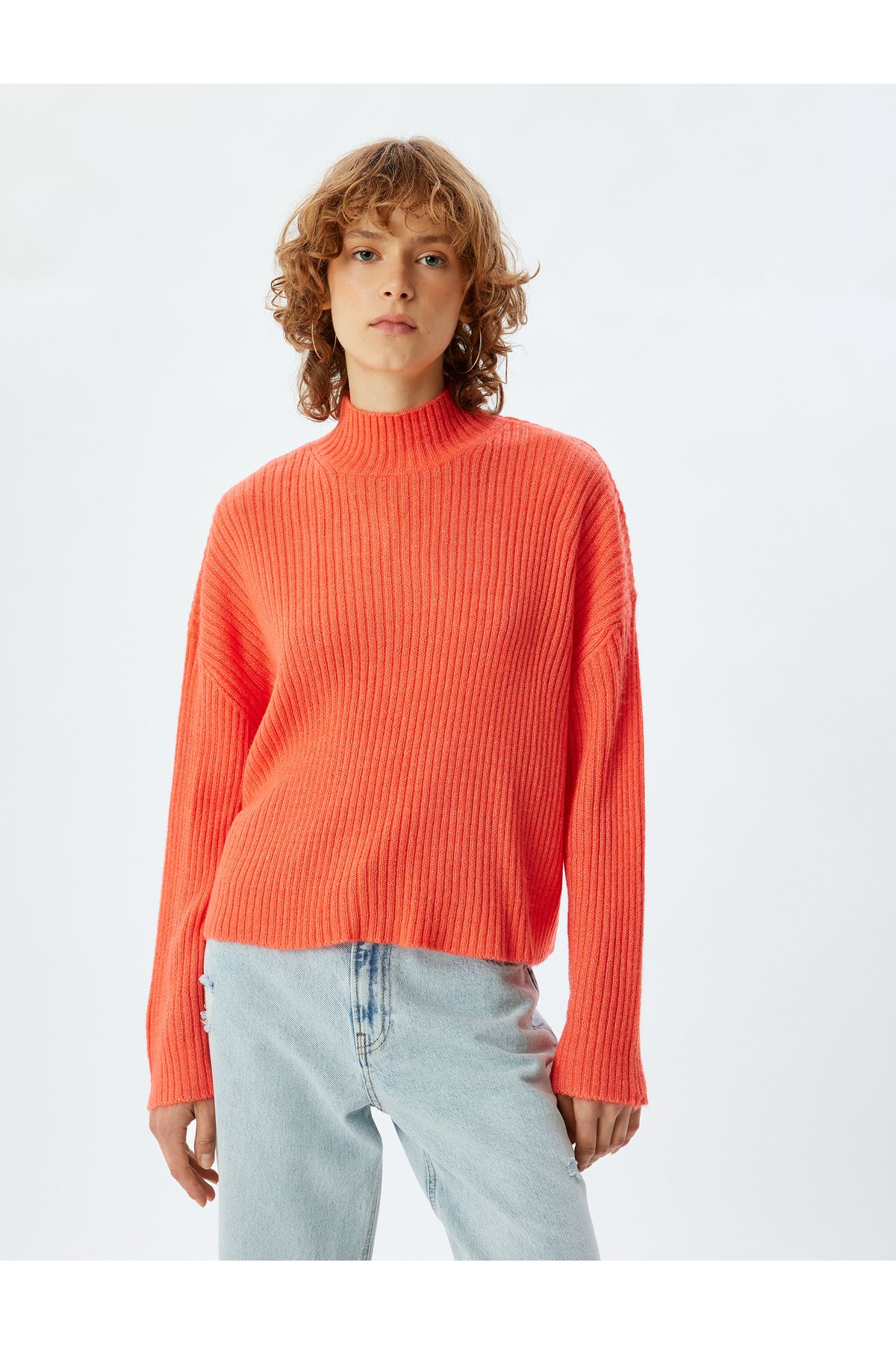 Koton-Knitwear Oversize Sweater - Stand Collar, Long Sleeve, Textured 3