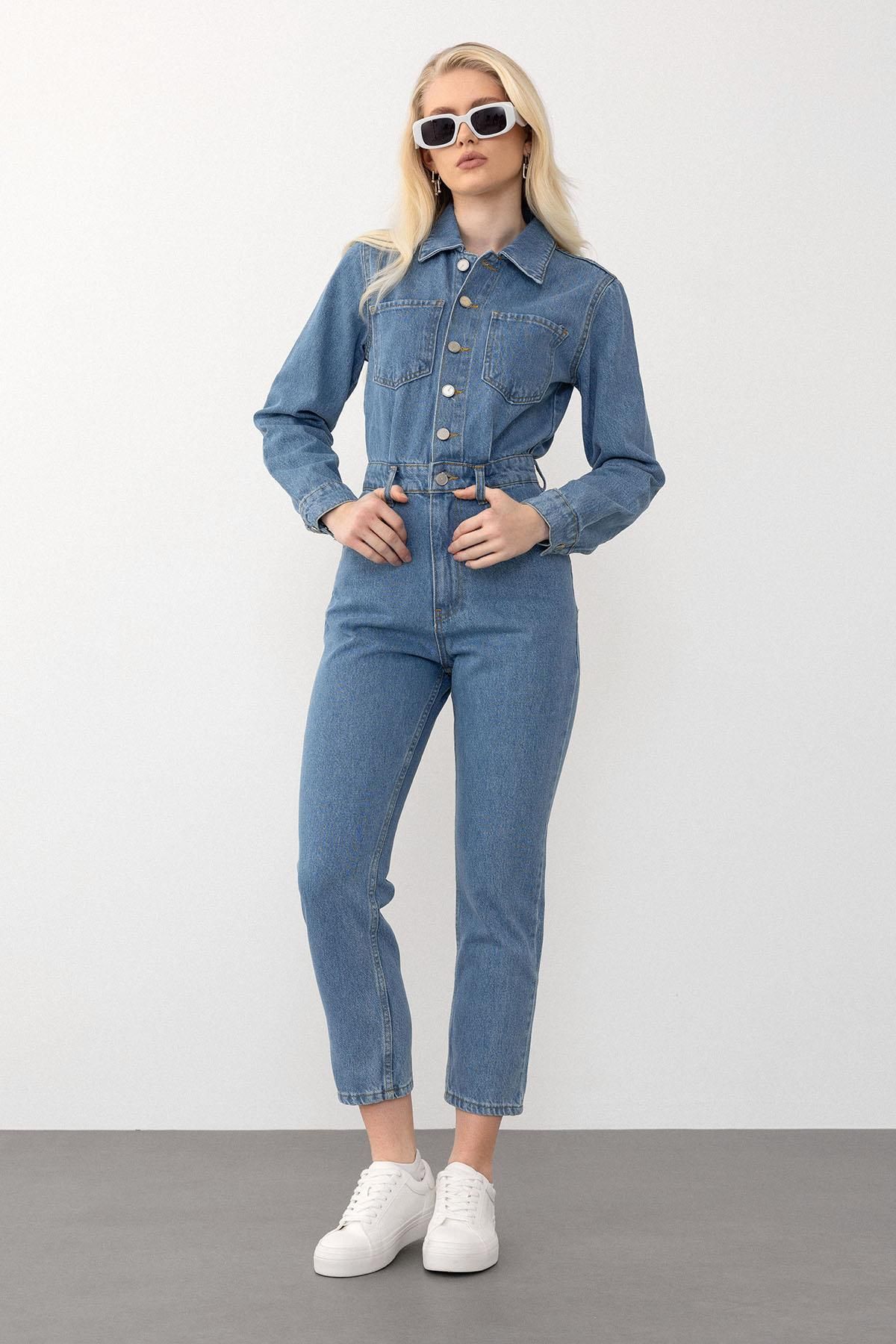 Olcay-Kék zsebes részletes gombos farmer Jumpsuit 9270 modellszám 5