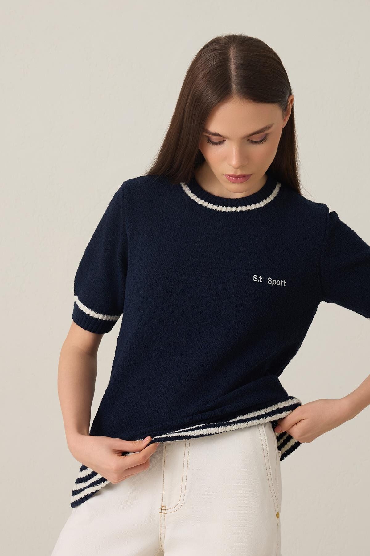 Setre-Navy Blue Crew Neck Stripe Detail Short Sleeve Knitwear Blouse 3