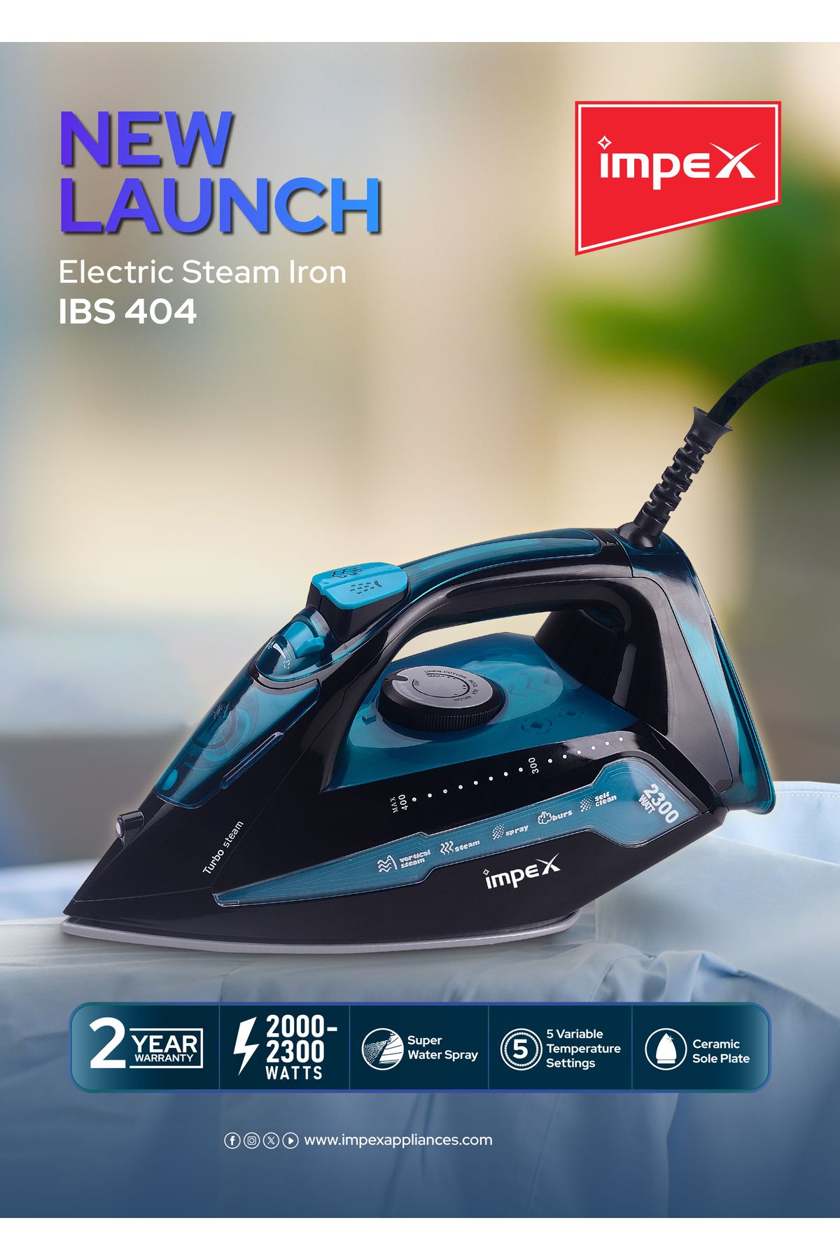 İMPEX-Impex Electric Steam Iron Box Water Spray Ceramic Coated Sole Plate Overheat Protection 2300W IB404 2