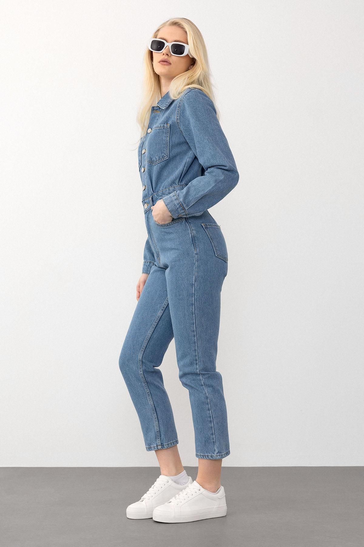 Olcay-Kék zsebes részletes gombos farmer Jumpsuit 9270 modellszám 7