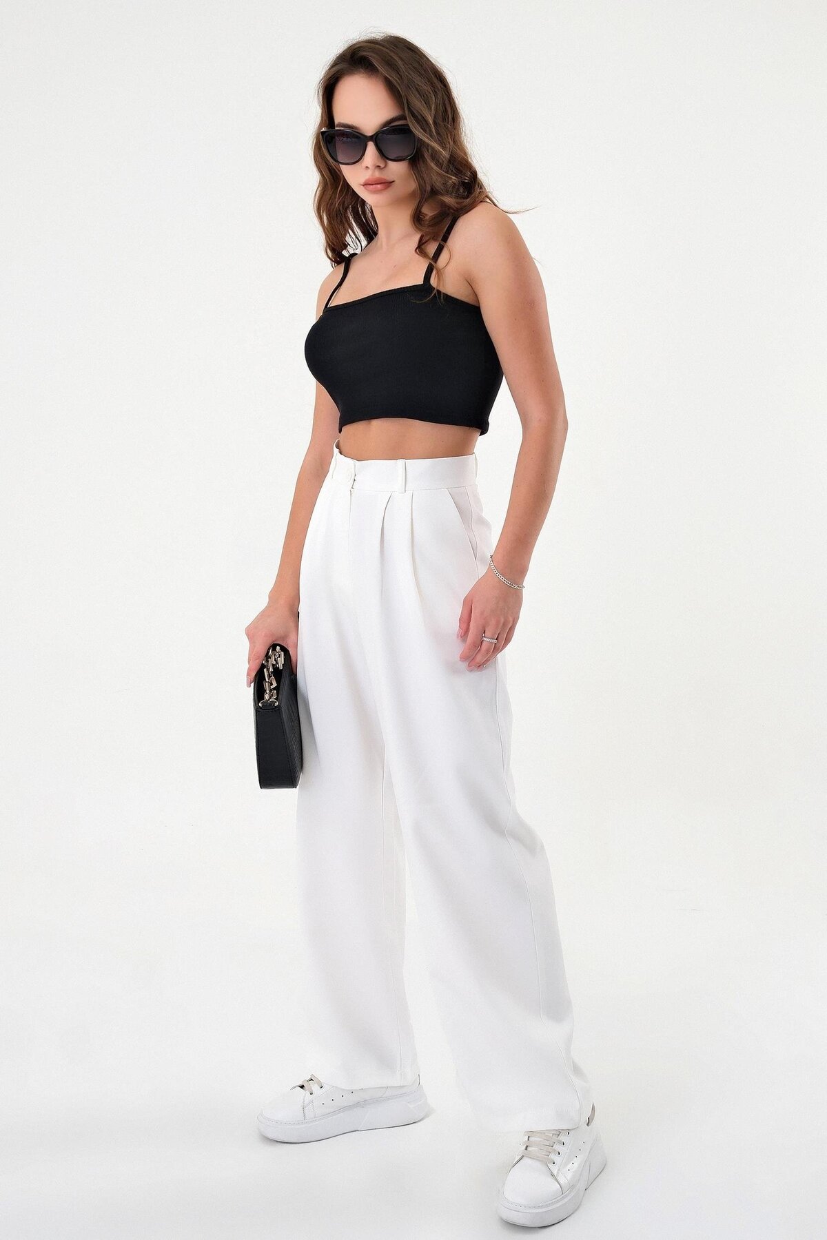 Hazel  Kadın Beyaz Yüksek Bel Palazzo Pantolon - Görsel 3
