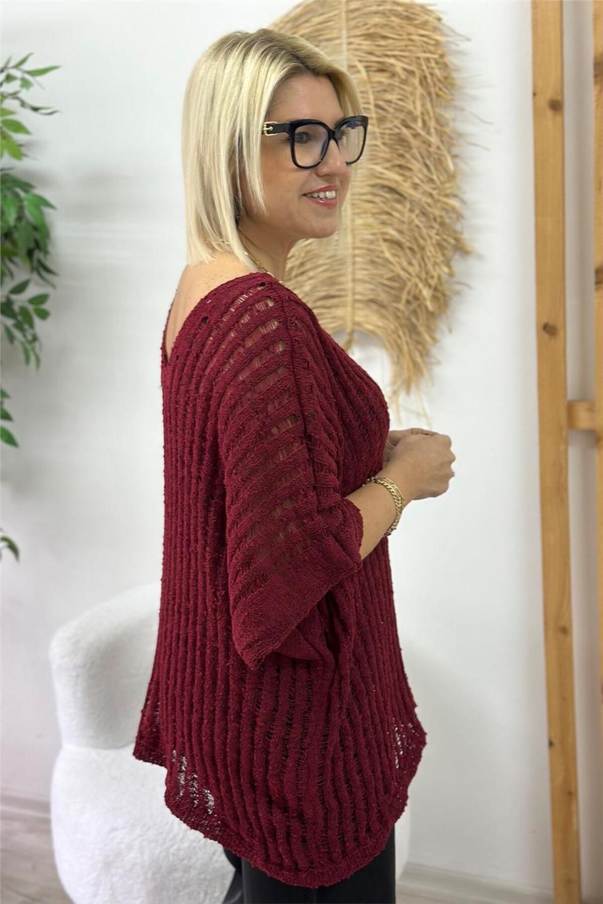 By Esra Celkan-Burgundy Front Back V-Neck Openwork Loose Knitwear 4