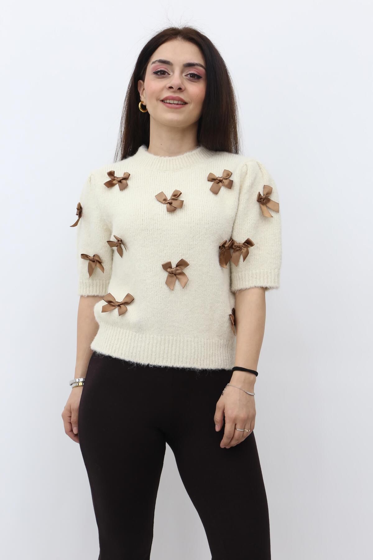 Dilvin-Light Beige Crew Neck Bow Detail Short Sleeve Knitwear Sweater 1