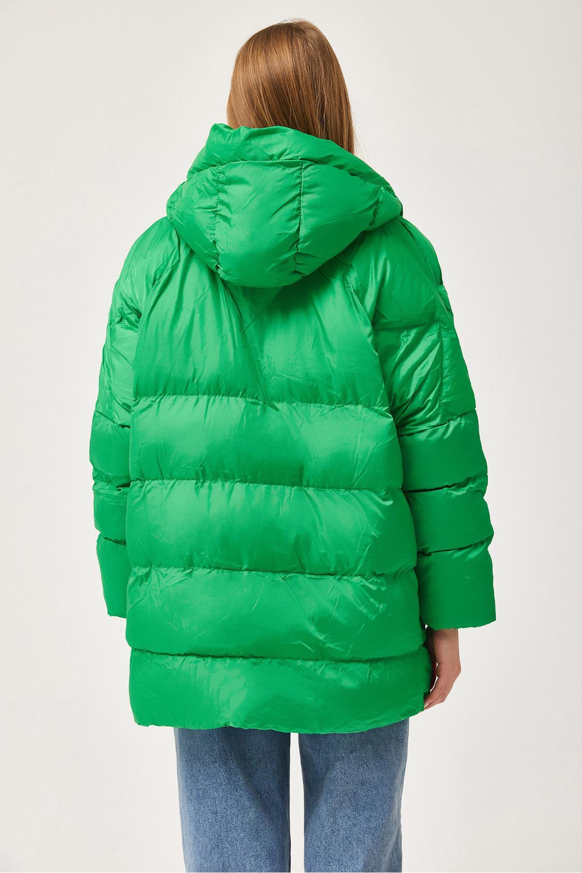 FEMİNEER.com Kapüşonlu Oversize Şişme Mont Yeşil görsel 4