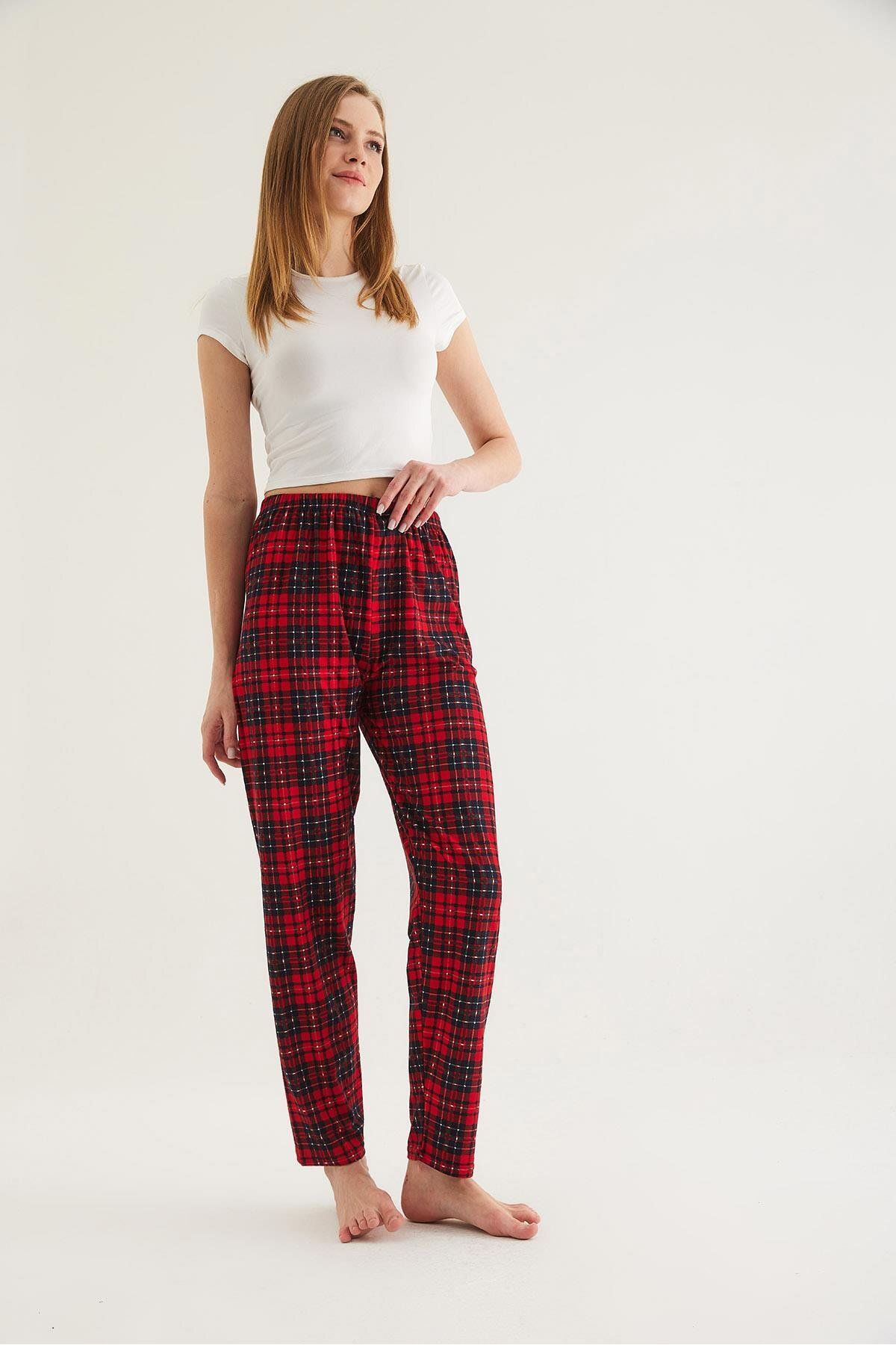 Raneel Kazançlı Alışveriş Ekose Desen Kadın Pijama Altı Kırmızı