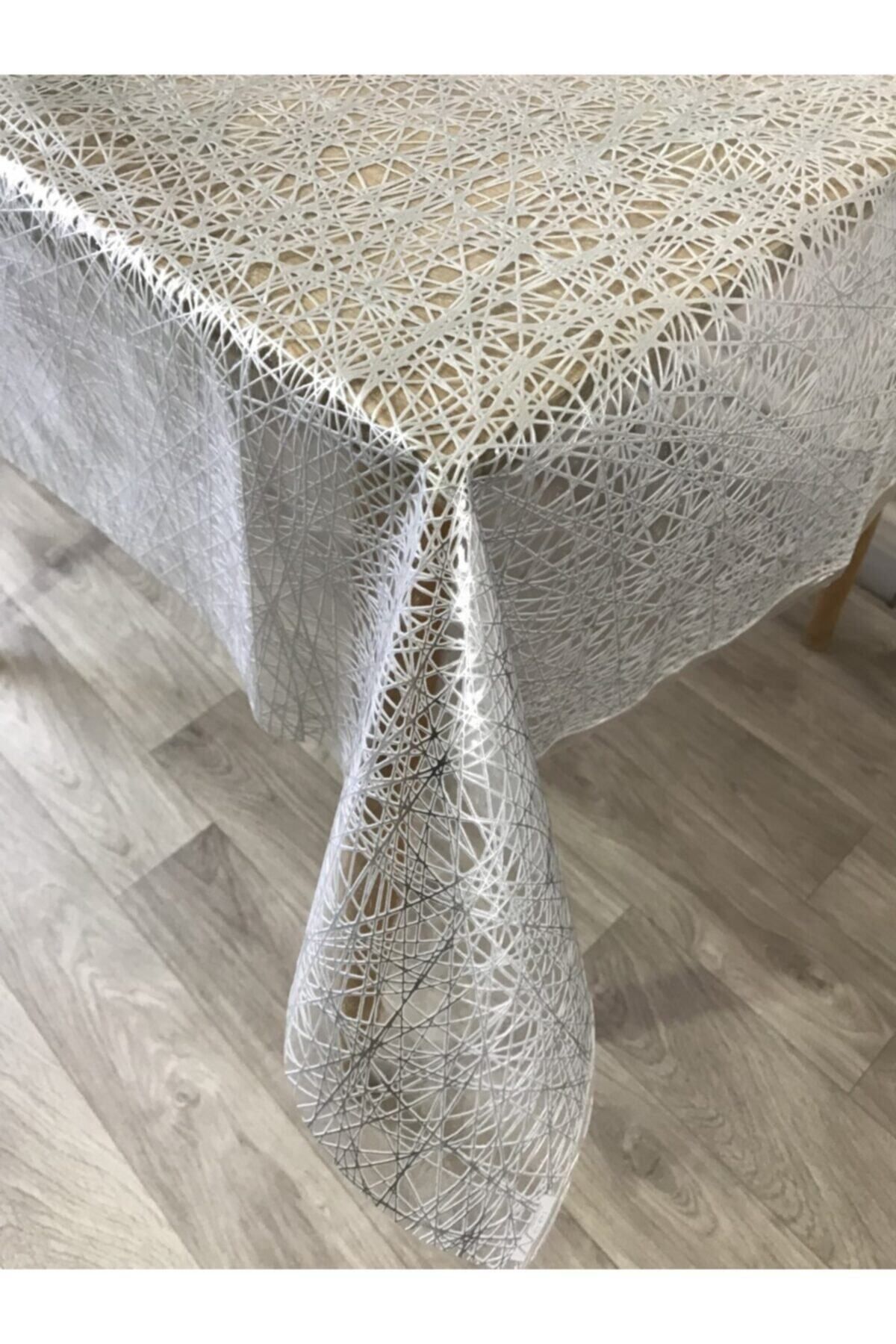 Yıldızhome Gümüş Iplik Desen Hasır Pvc Şeffaf Kaplamalı Lüks Muşamba Masa Örtüsü