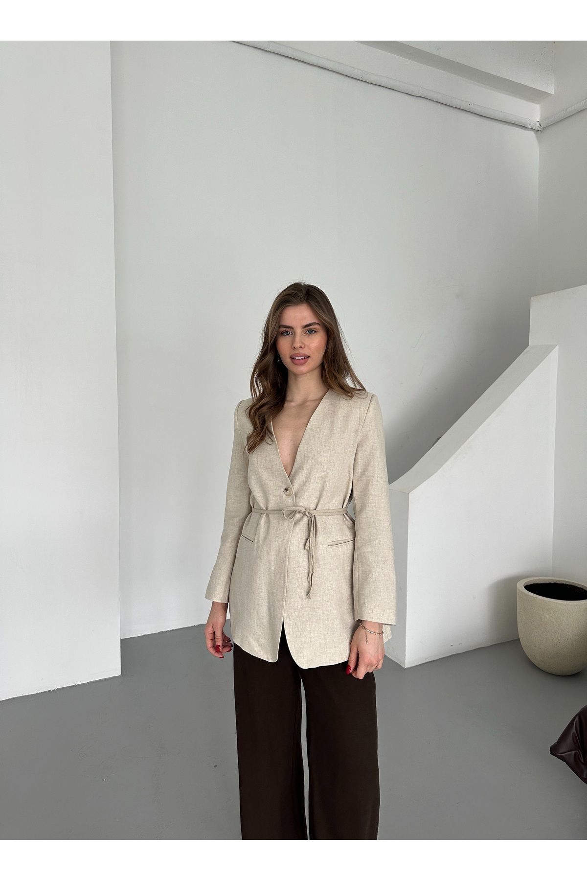 Laluvia-Beige 100% Cotton Rope Belted Jacket - 7395 6