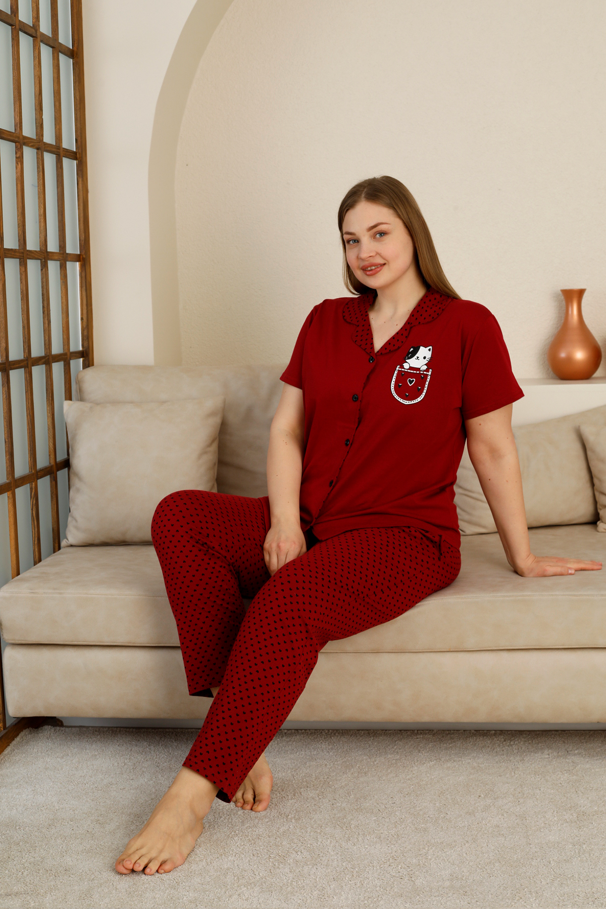 Nisanca  Kadın Kırmızı Büyük Beden Mevsimlik Önden Düğmeli Pijama Takımı - Görsel 4