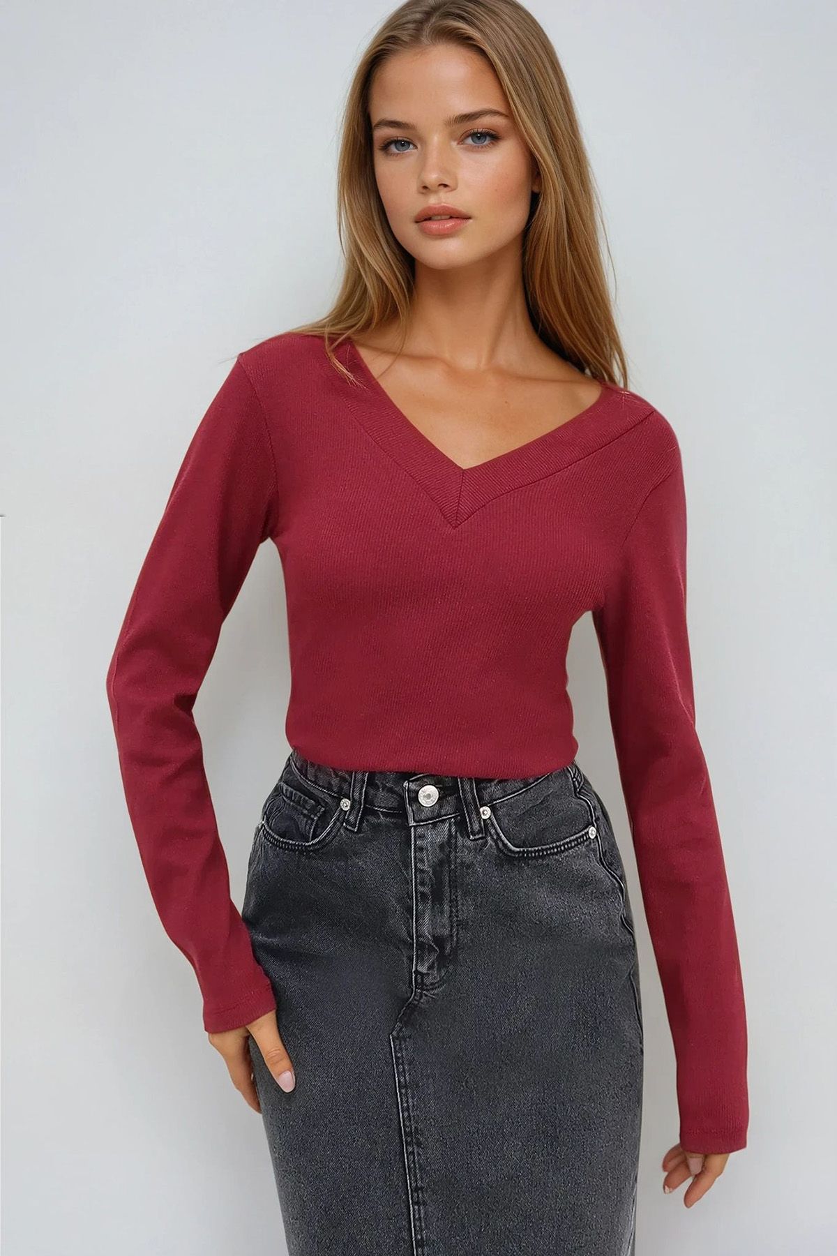 VAGGON-Front and Back V-Neck Ribbed Knitted Blouse 1