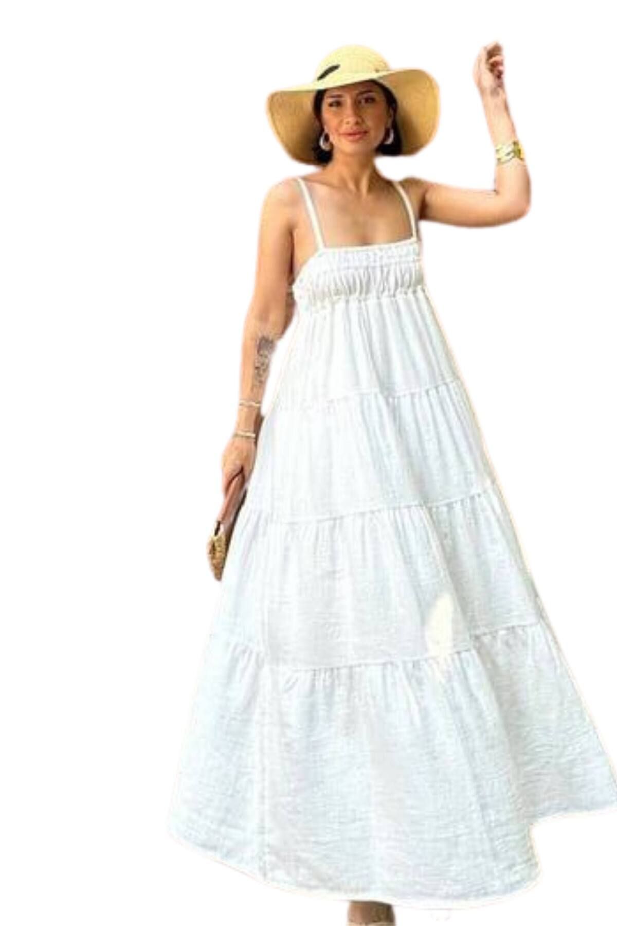 Moda Amore-Summer Women's Cotton Dress - Gipe Detailed Strap Muslin Fabric Midi Length 4198 1