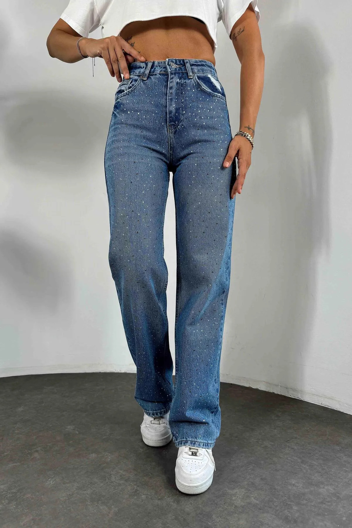 Fibula  Yüksek bel taşlı geniş paça mavi jean pantolon - Görsel 2