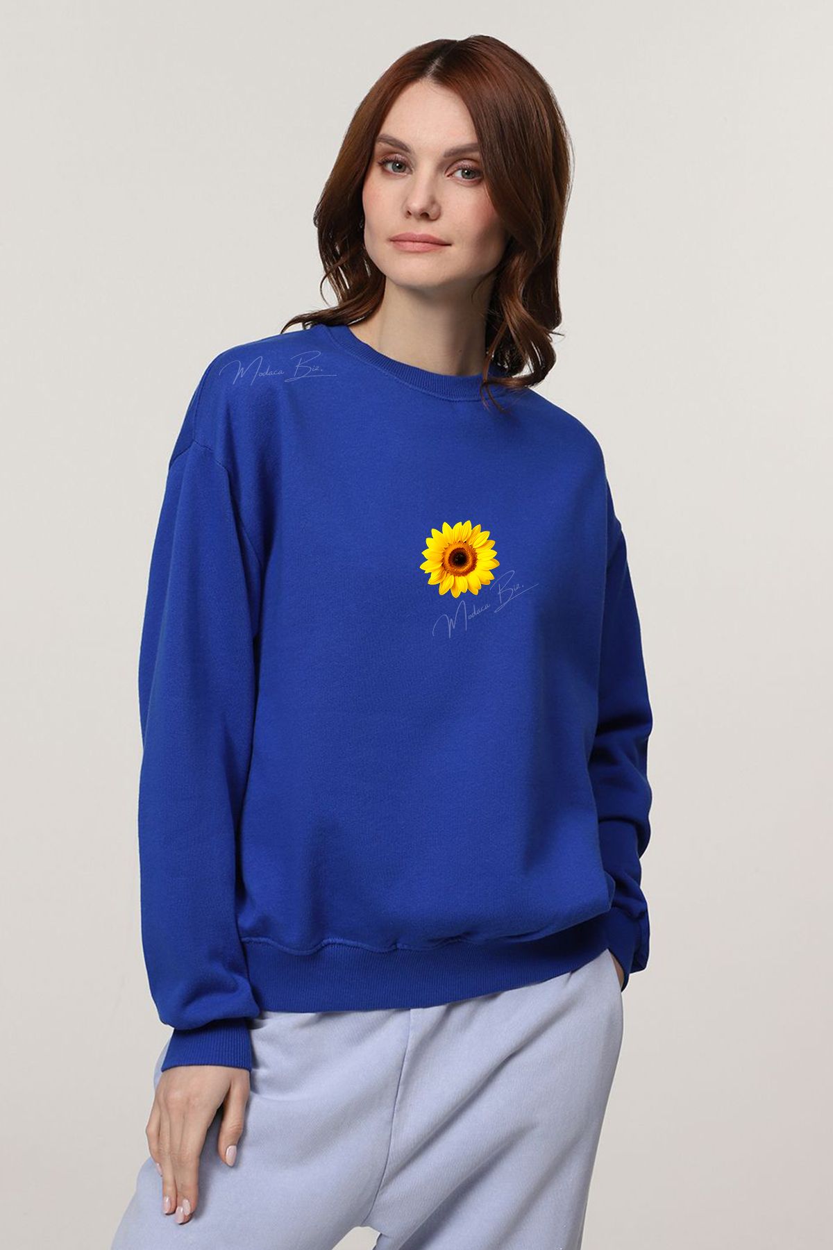 yogistore-Sunflower Sunflower Visual Printed Unisex Oversize 0 Collar Sweetshirt 100% Cotton 1