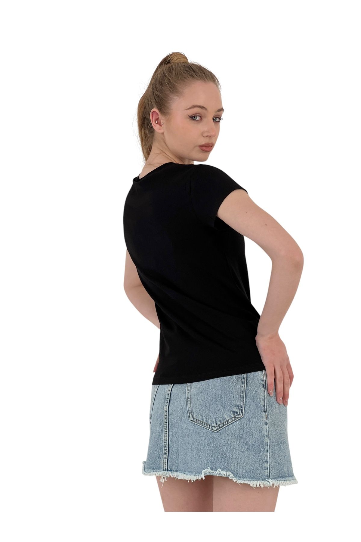 Miss Poem-Women's Stone Embroidered Short Sleeve Summer Tight Black T-Shirt 5