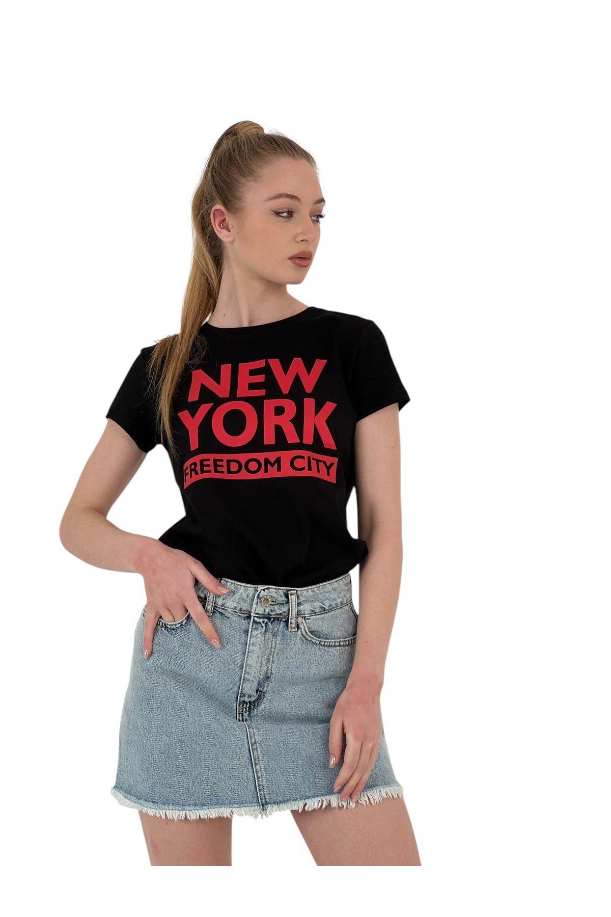 Miss Poem-Women's New York Print Short Sleeve Summer Black T-Shirt 4