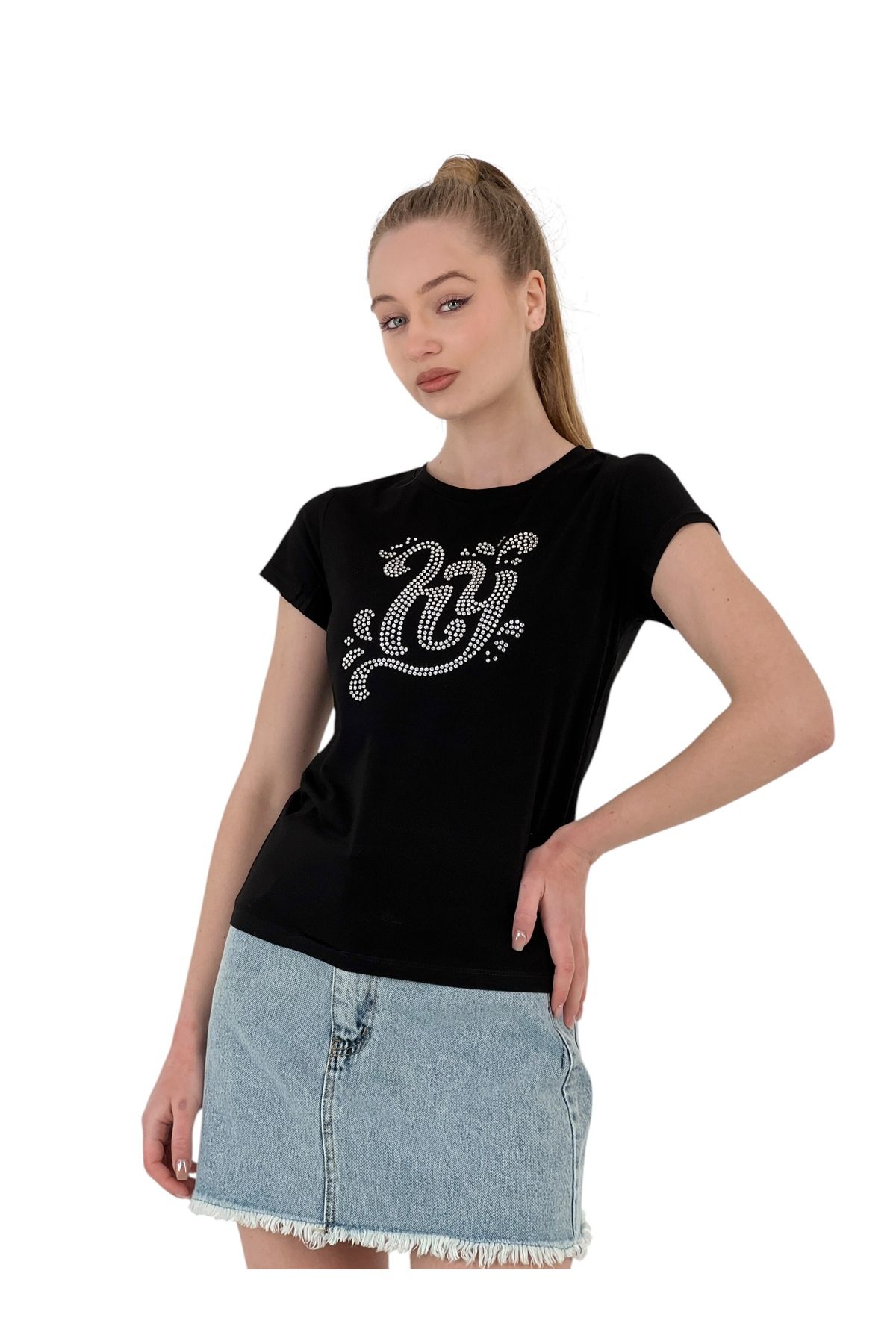 Miss Poem-Women's Stone Embroidered Short Sleeve Summer Tight Black T-Shirt 2