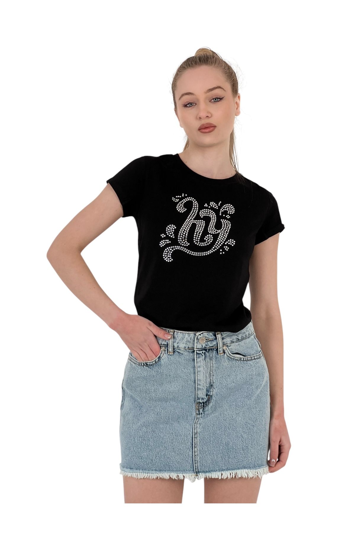 Miss Poem-Women's Stone Embroidered Short Sleeve Summer Tight Black T-Shirt 3