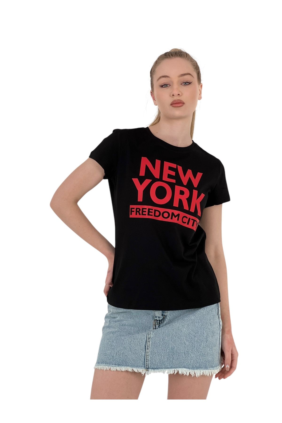 Miss Poem-Women's New York Print Short Sleeve Summer Black T-Shirt 2