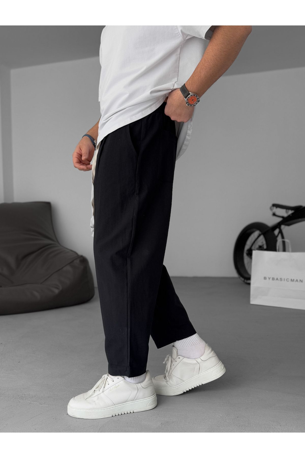 BYBASICMAN-Black Loose Fit Linen Trousers Jj-181 5