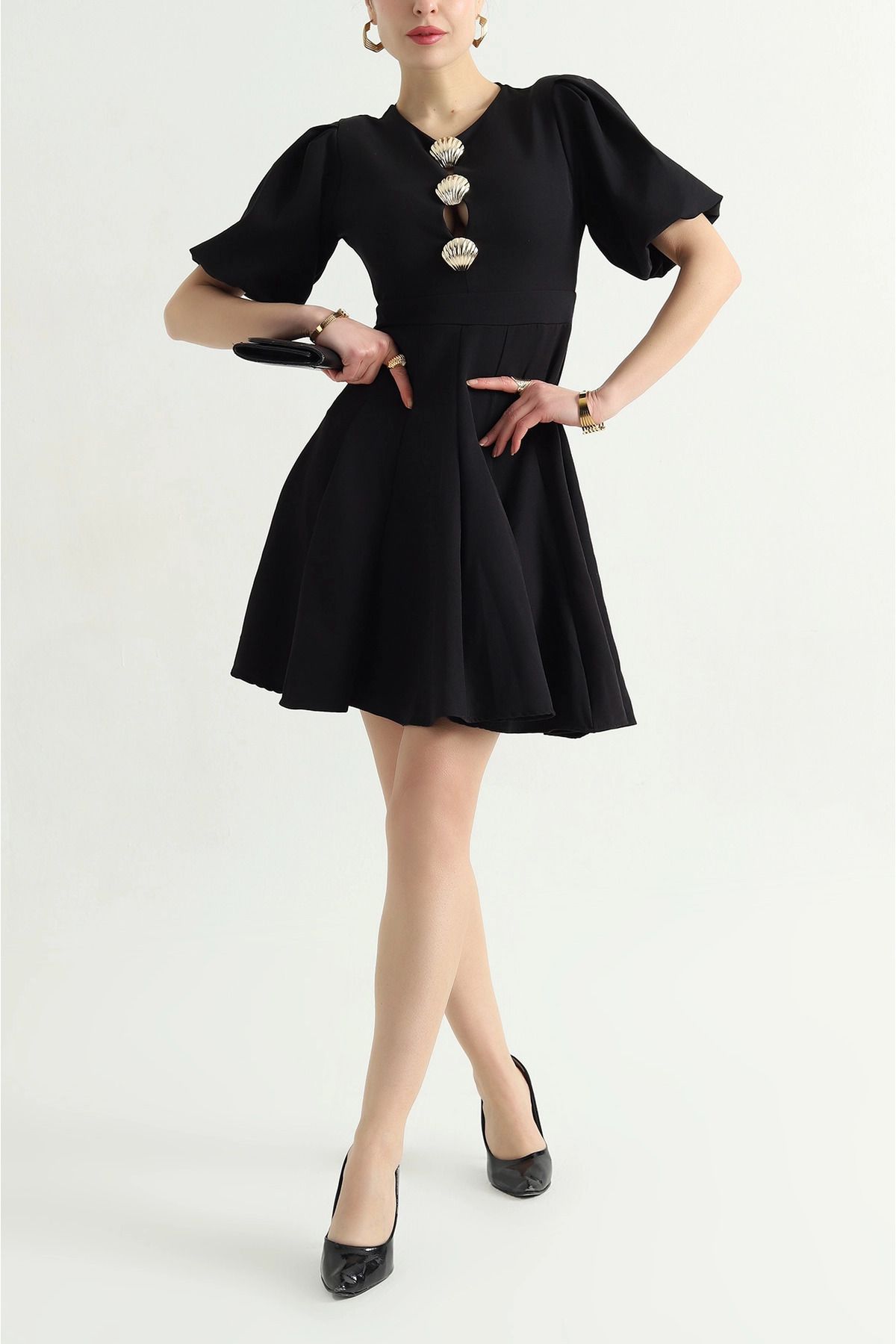 vuvutasarım-New Season Black Gold Oyster Design Zippered Padded Crepe Dress 1