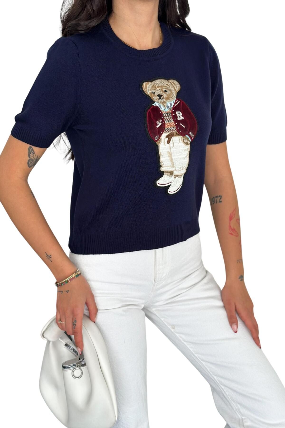 Moda Amore-Teddy Bear Knitwear Sweater - Short Sleeve Embroidery with Applique Detail 111 4