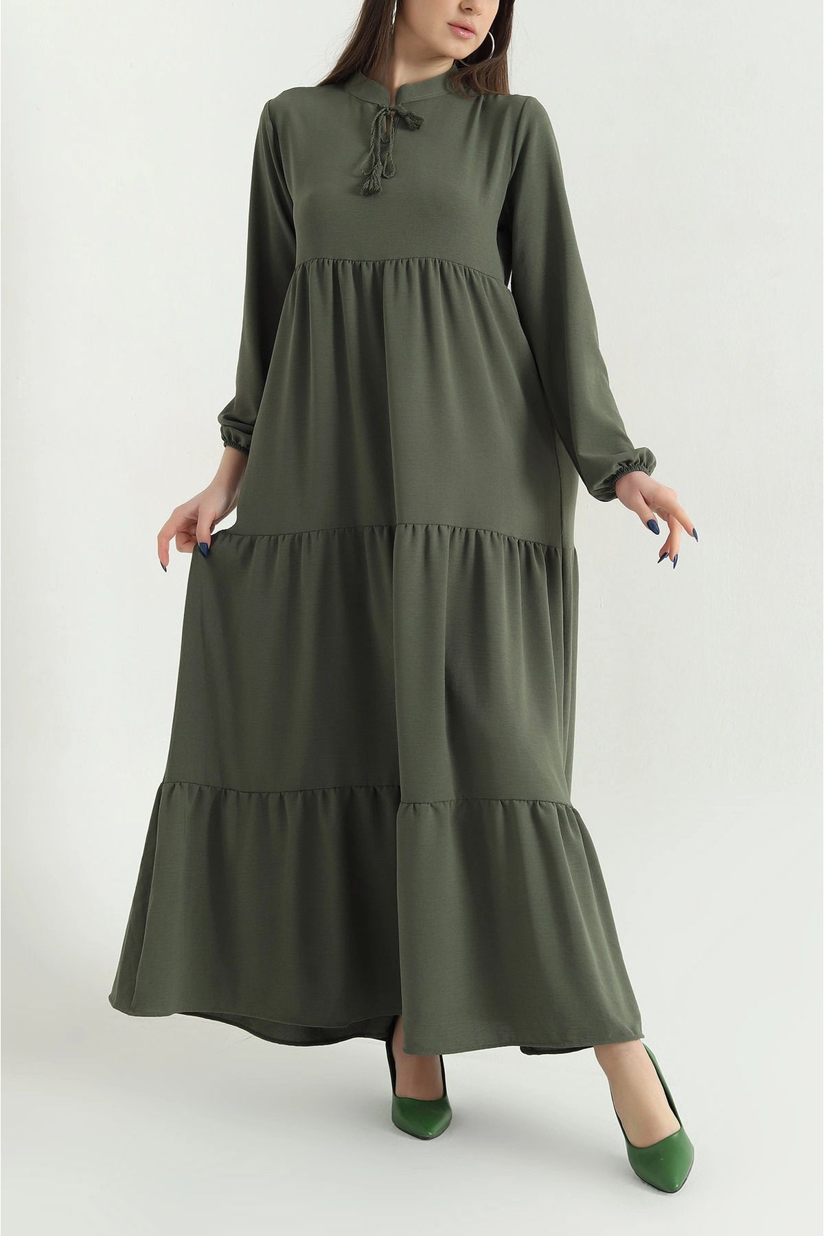 vuvutasarım-New Season Khaki Collar Tied Layered Aerobin Dress 1