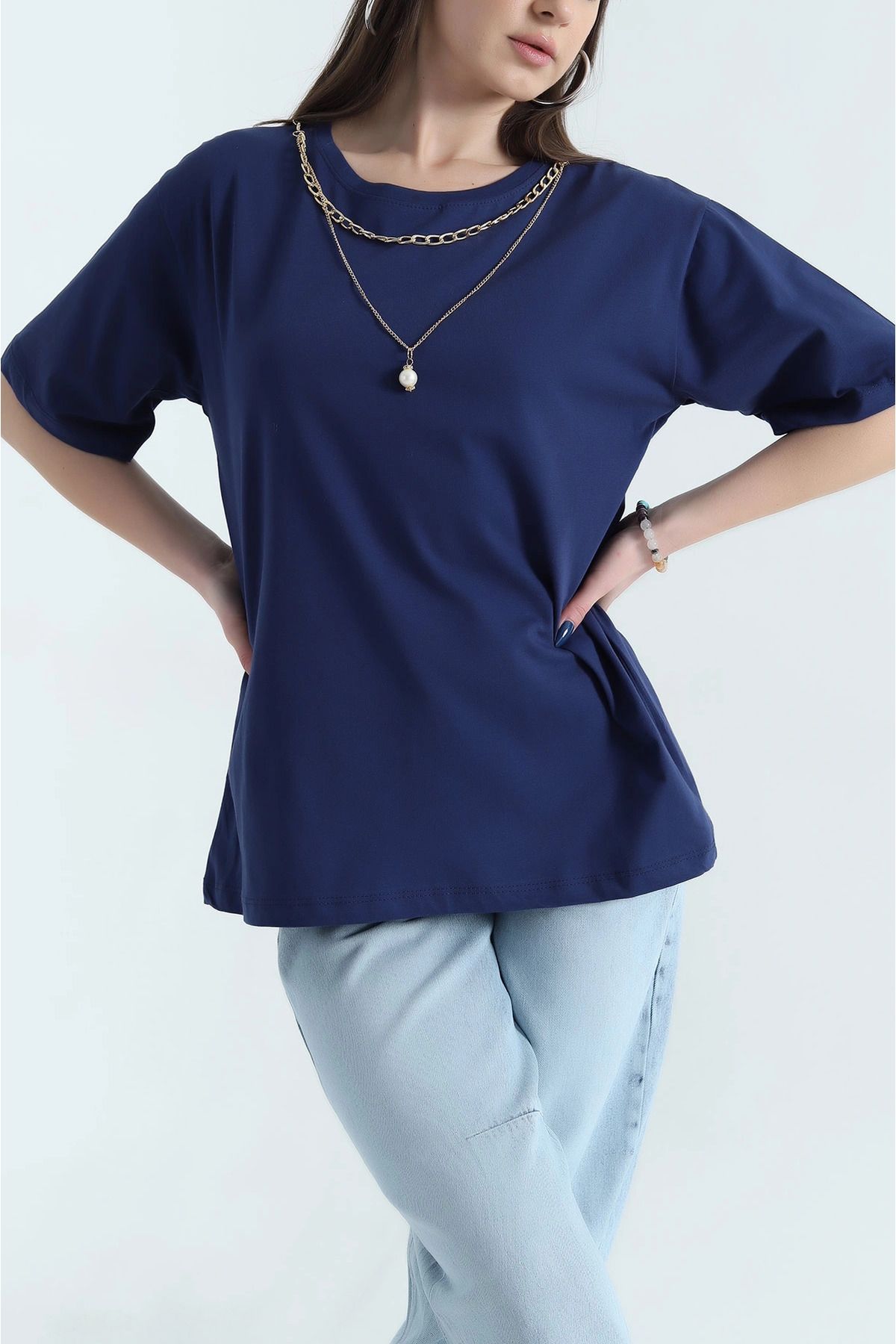 vuvutasarım-New Season Navy Blue Single Jersey T-Shirt with Necklace Accessories 1