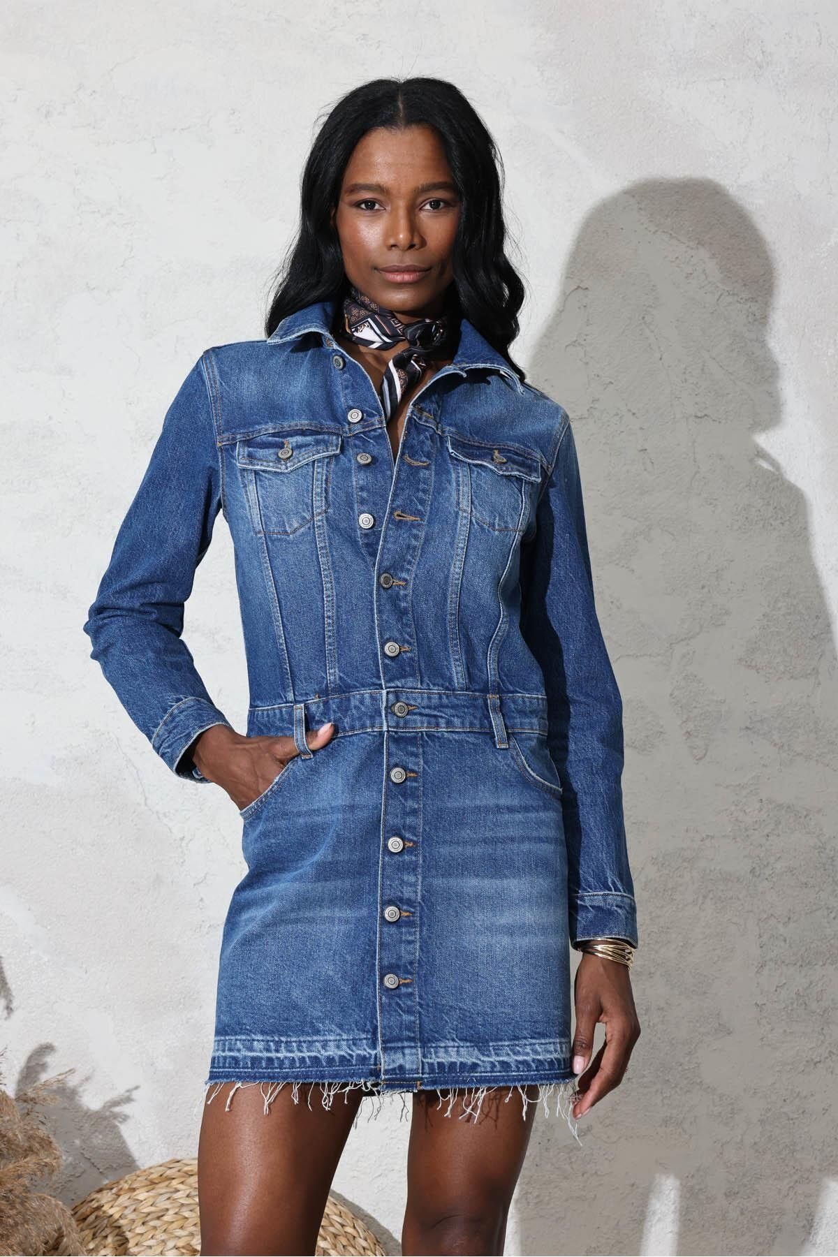 5in1Canpolat-Blue Flap Pocket Buttoned Denim Dress 5