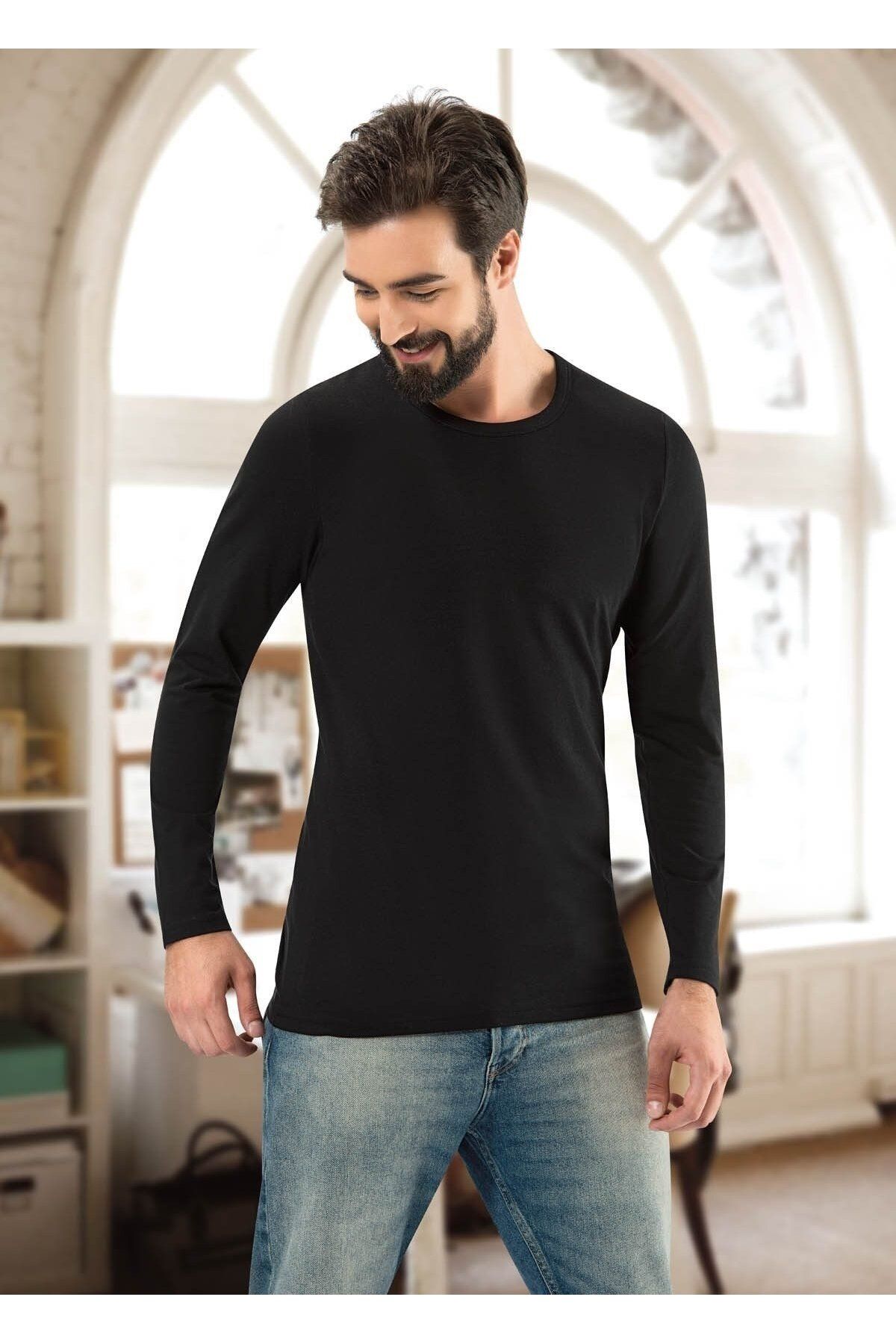 Anıt-1165 Black 3 Pieces 0 Collar Long Sleeve Men's Undershirt 1