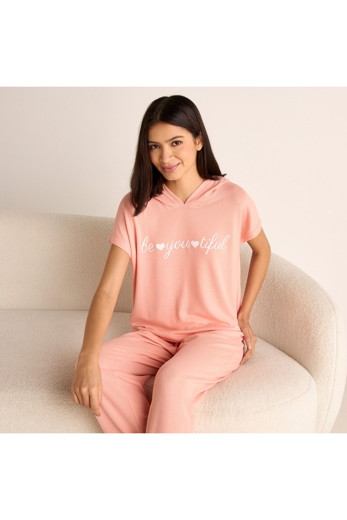 FAV-Slogan Print Hooded T-shirt and Elasticated Joggers Set 2