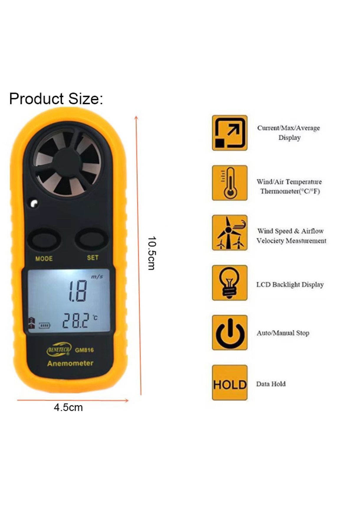 JUANJUAN-1pc Digital Anemometer 0-30m/s Wind Speed Meter Mini Air Velocity Airflow -10°c ~ 45°c Temperature T 6