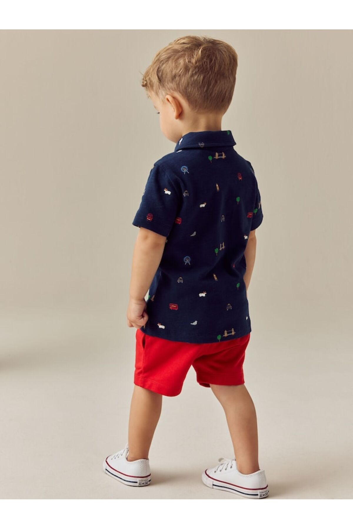 Next Baby-Cotton Navy Blue London Pattern Short Sleeve Polo Thsirt Shorts Bottom Top Set 2