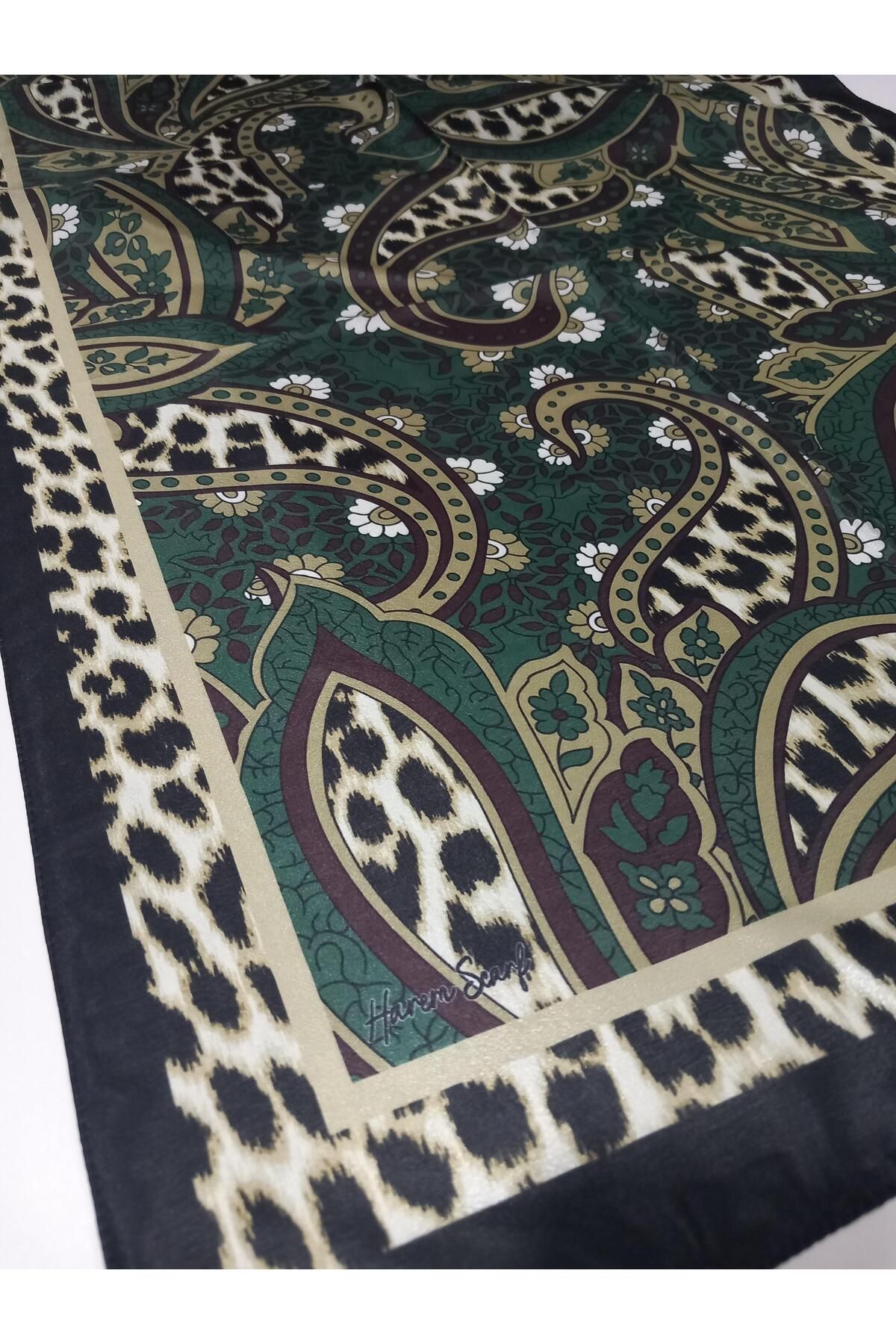 HAREM SCARF-Brisa Digital Emerald Green Leopard Ethnic Pattern Shawl-7503-535-Kvs0579 4