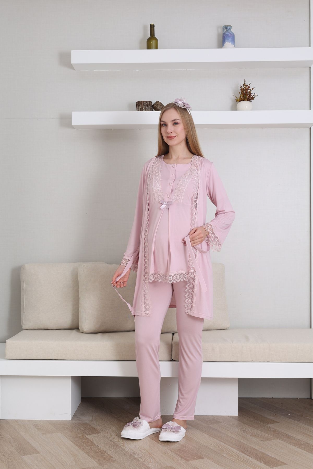 EM&FA TEKSTİL-Maternity Maternity Dressing Gown Nightgown Pajamas Set 2