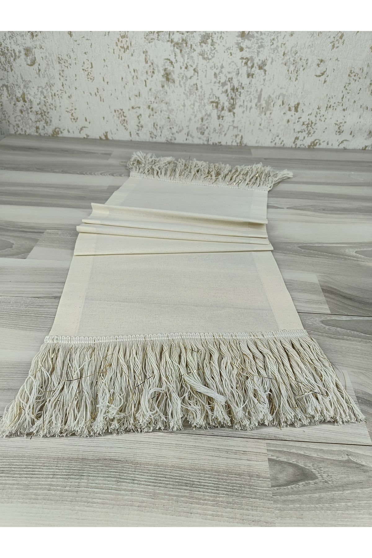 zümal tekstil tasarım-Natural Tufted Linen Fabric Runner 35 cm X110 cm (Gold) 2