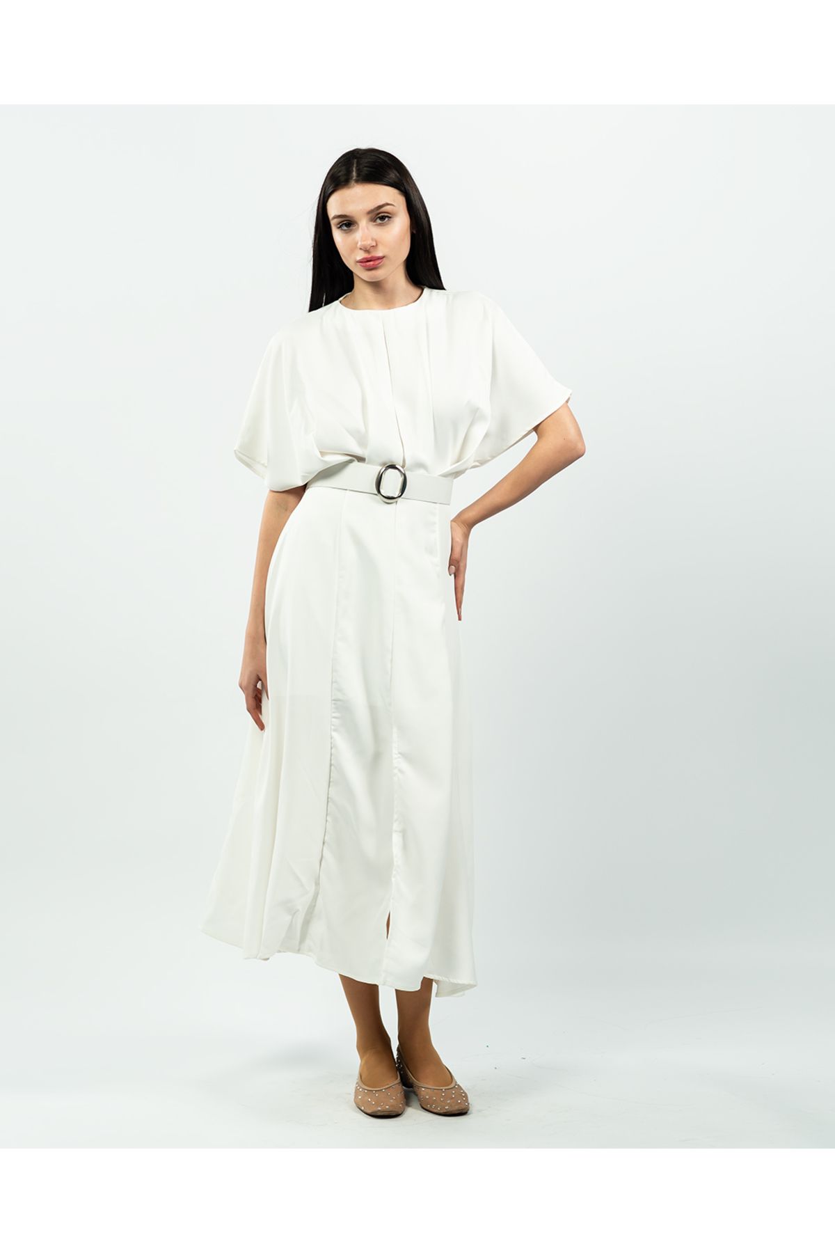 maf collection-Women's White Atlas Fabric Belt Detailed Midi Evening Dress 1