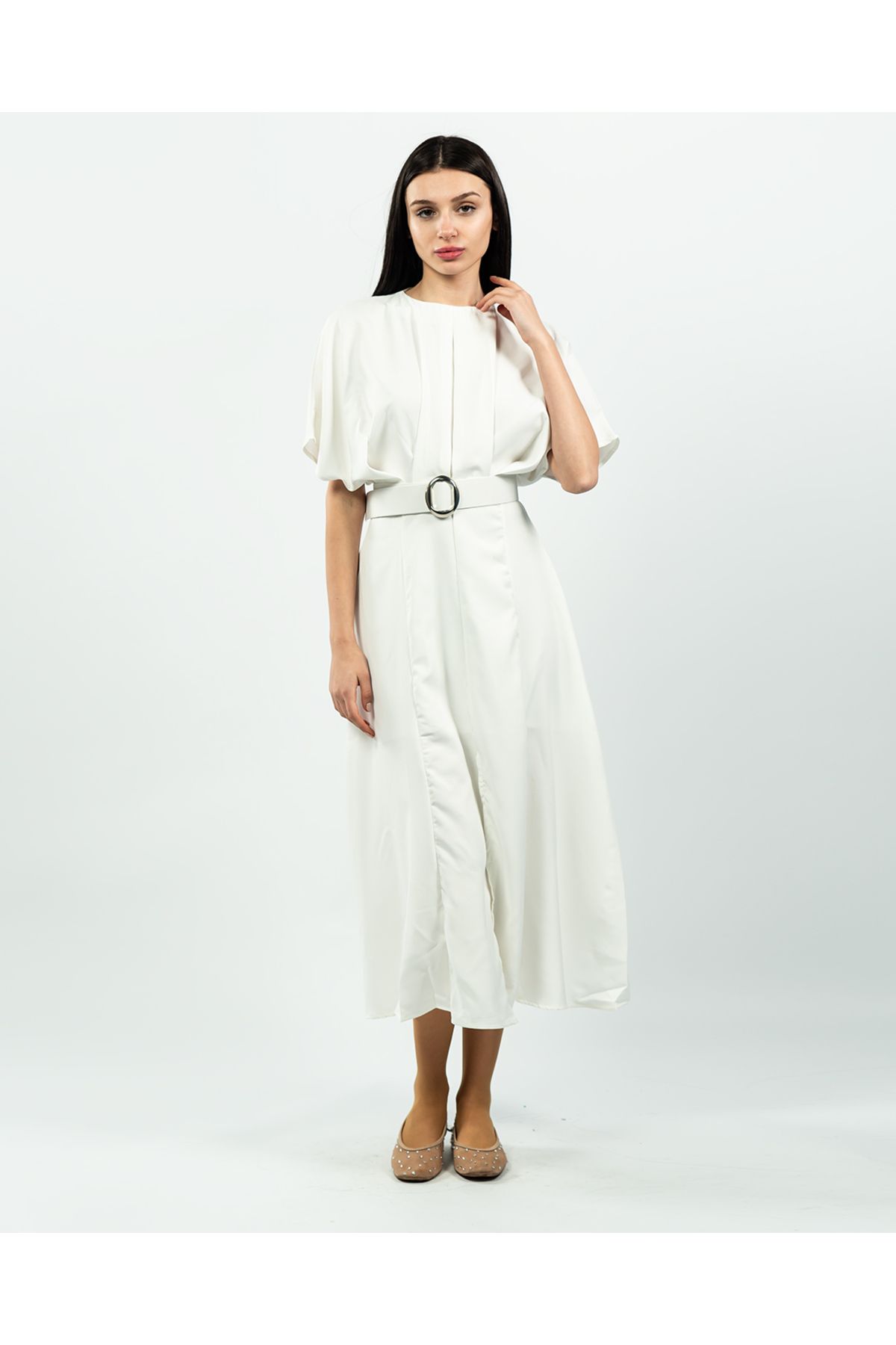 maf collection-Women's White Atlas Fabric Belt Detailed Midi Evening Dress 2