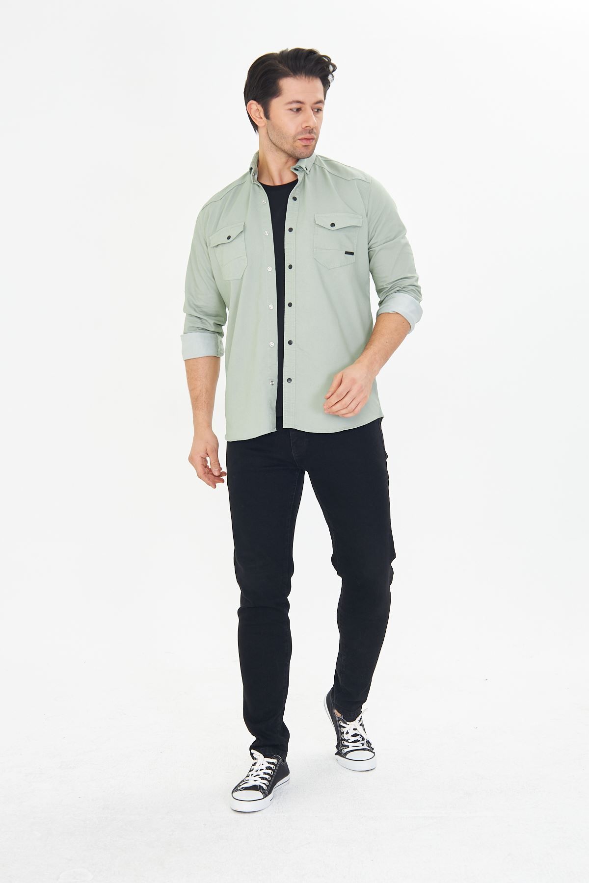 Oyga-Men's Water Green Slim Fit Slim Fit Double Pocket Cotton Denim Shirt 3