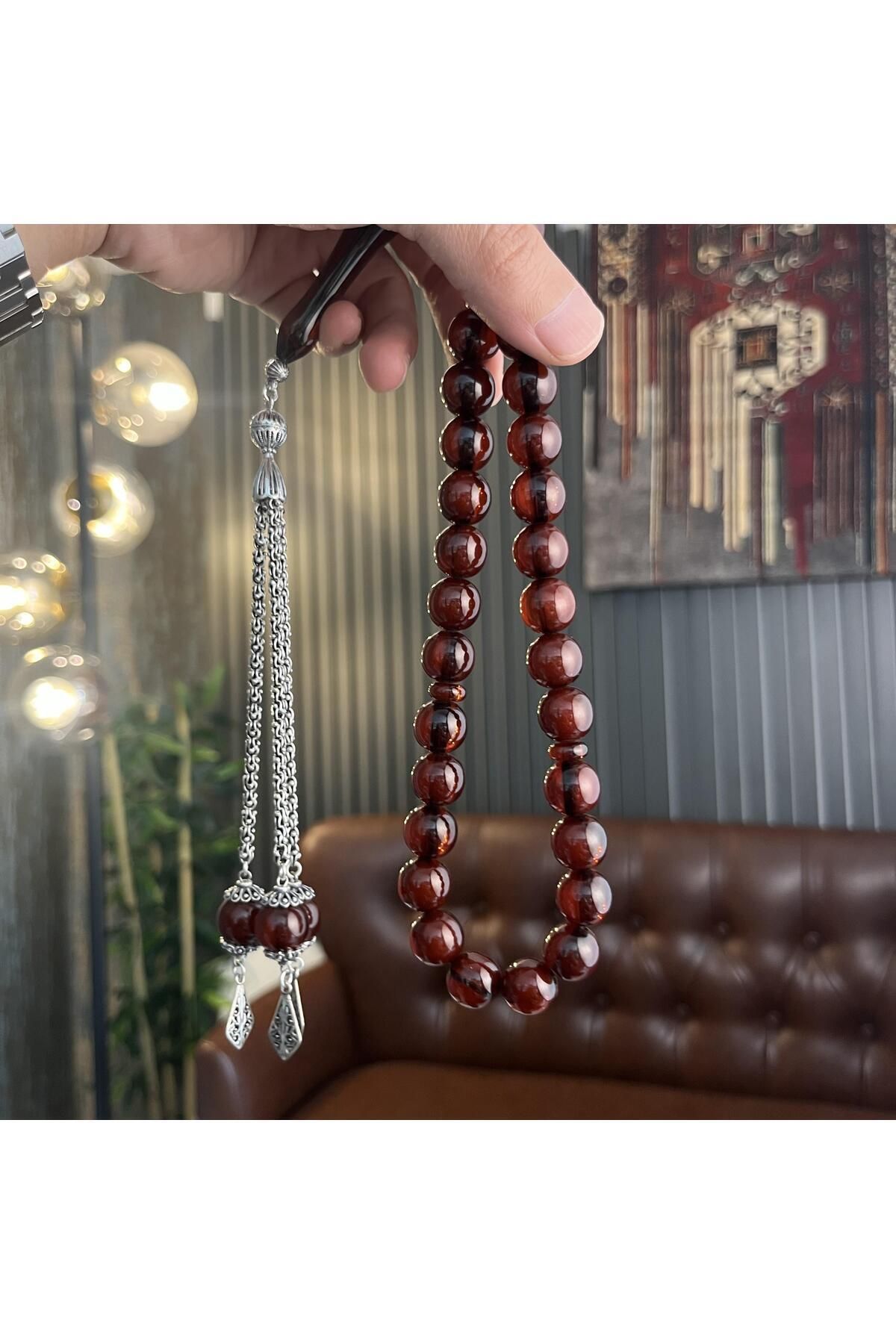 dergah tesbih-Şahin Tree Series Fire-i Squeeze Amber Silver Rosary 5