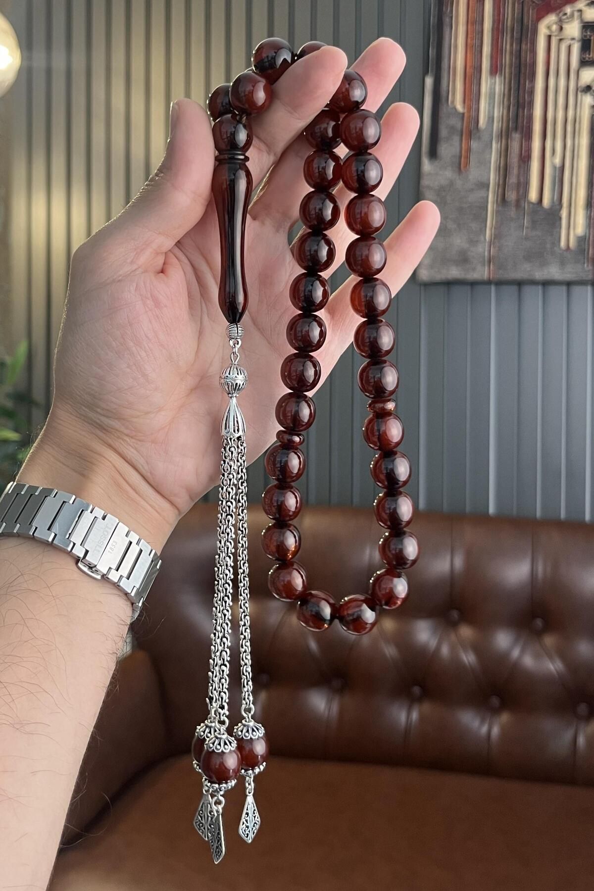 dergah tesbih-Şahin Tree Series Fire-i Squeeze Amber Silver Rosary 6