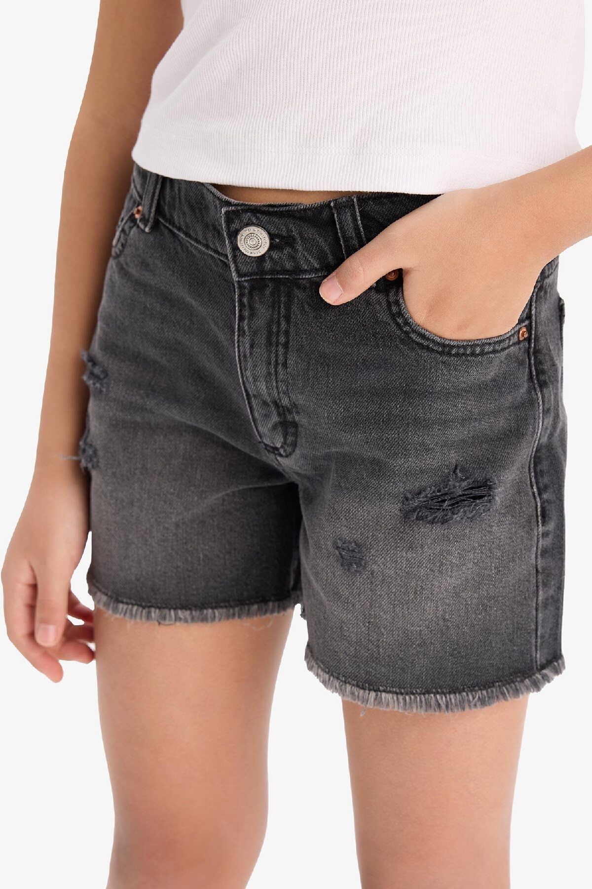 DeFacto-Girl's Ripped Detailed Cotton Jean Shorts D7106A825Sm 5