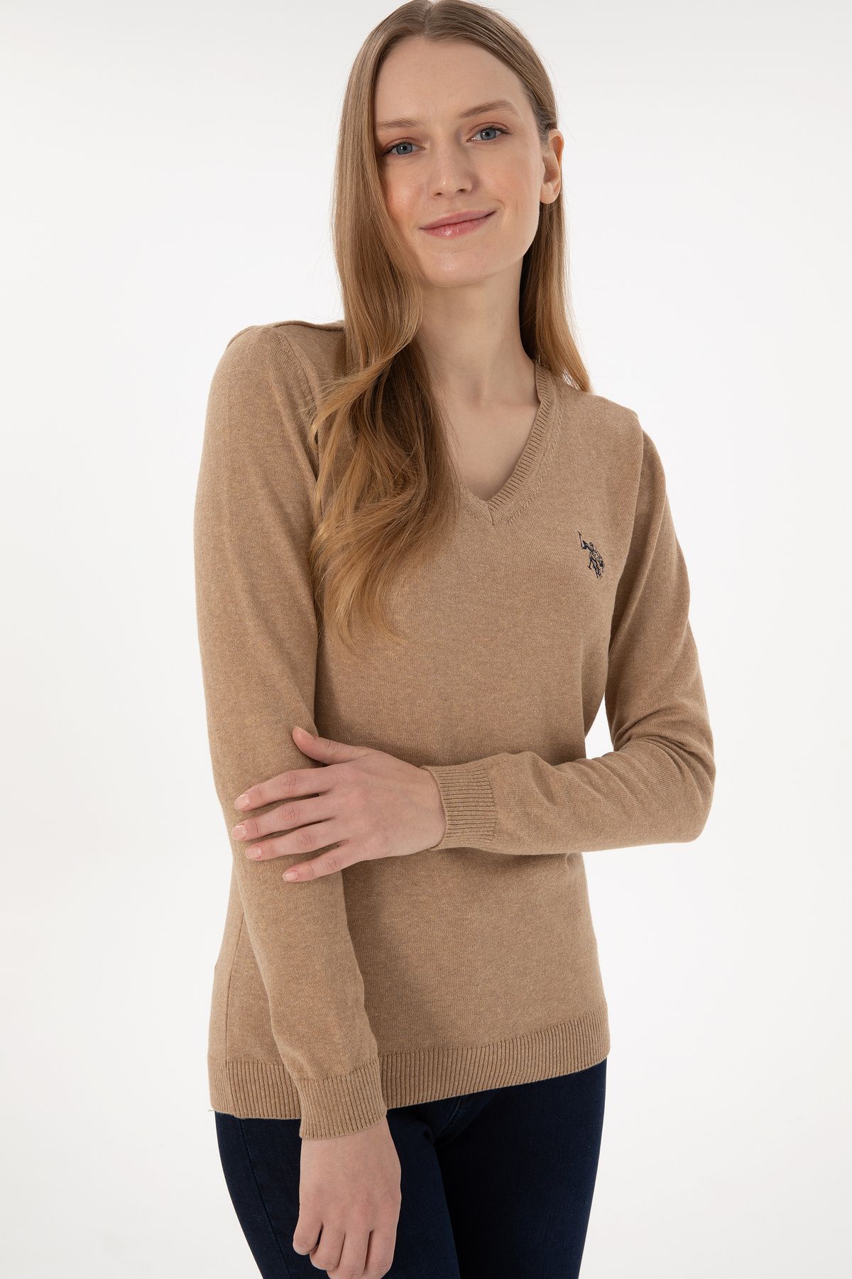 U.S. Polo Assn.-Women's Camel Melange V-Neck Basic Sweater 50251903 -Vr122 3