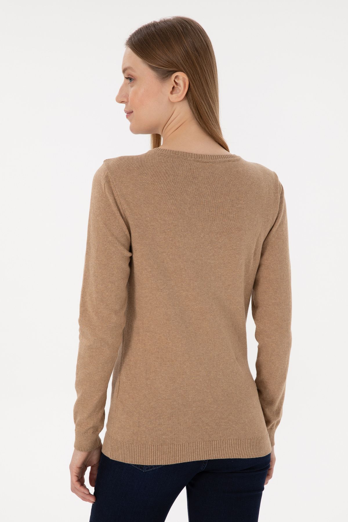 U.S. Polo Assn.-Women's Camel Melange V-Neck Basic Sweater 50251903 -Vr122 5