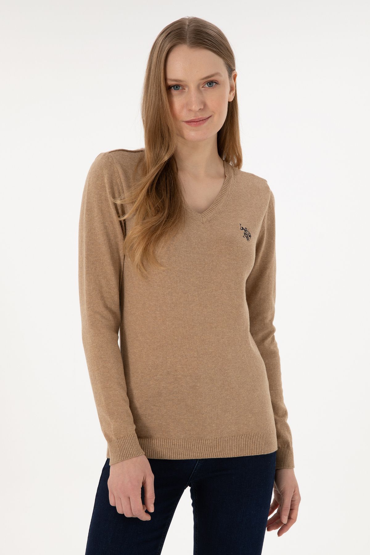 U.S. Polo Assn.-Women's Camel Melange V-Neck Basic Sweater 50251903 -Vr122 1